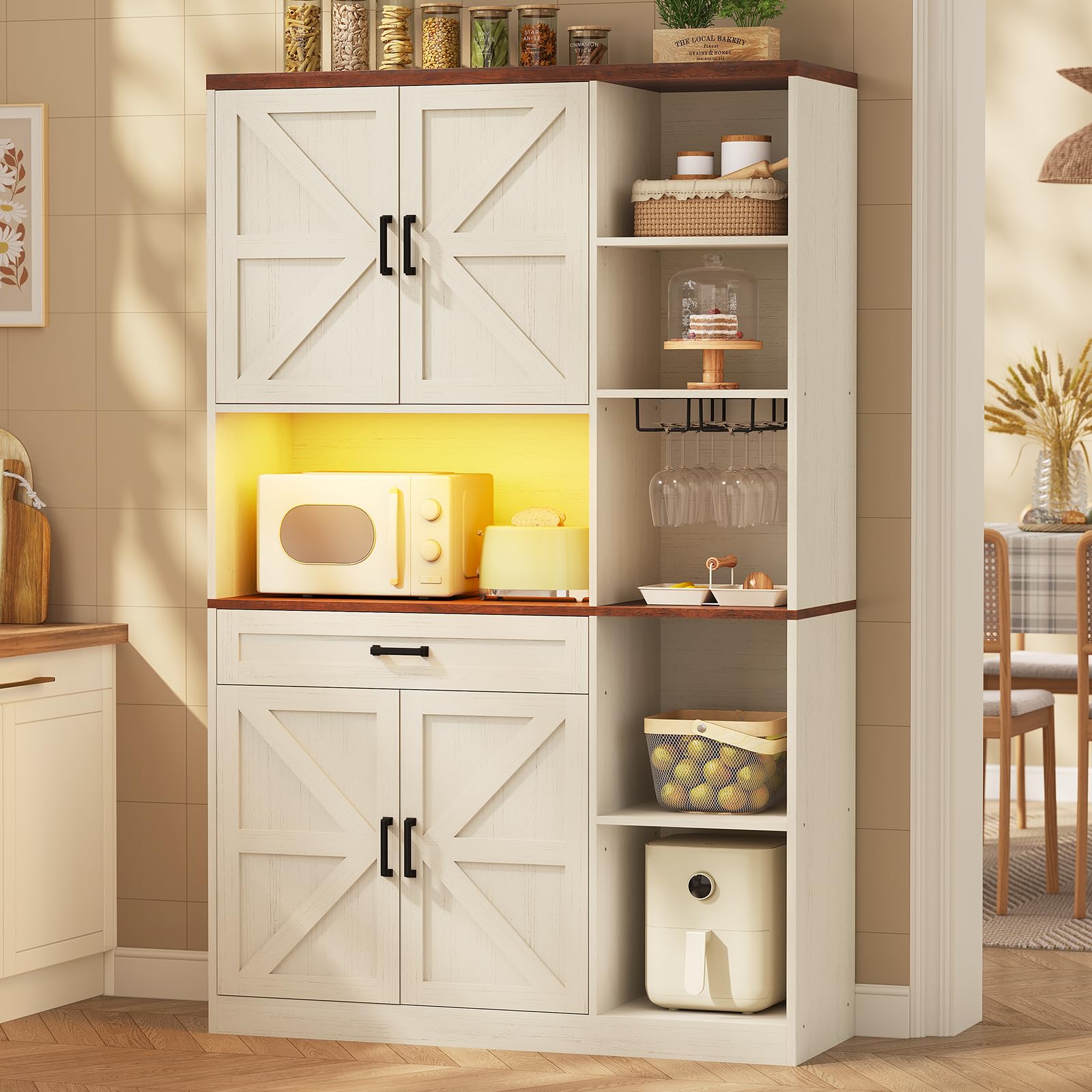 Farmhouse Kitchen Pantry Storage Cabinet with Bar Cabinet, Drawers & Adjustable Shelves - Freestanding Hutch for Kitchen, Dining Room & Living Room - Versatile Home Organization Furniture in Off White - Perfect for Small Spaces, Open Shelving & Rustic Decor