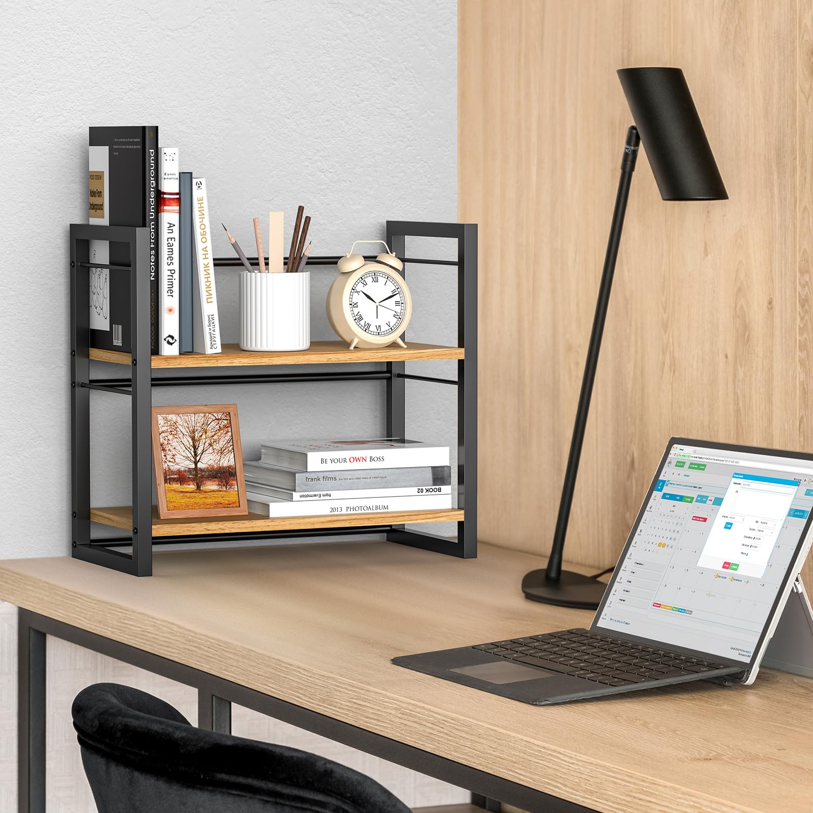 2-Tier Black Wooden Desk Organizer Shelf - Office & Dresser Storage Rack for Books, Supplies & Accessories - Perfect for Home Office, Study & Bedroom Organization