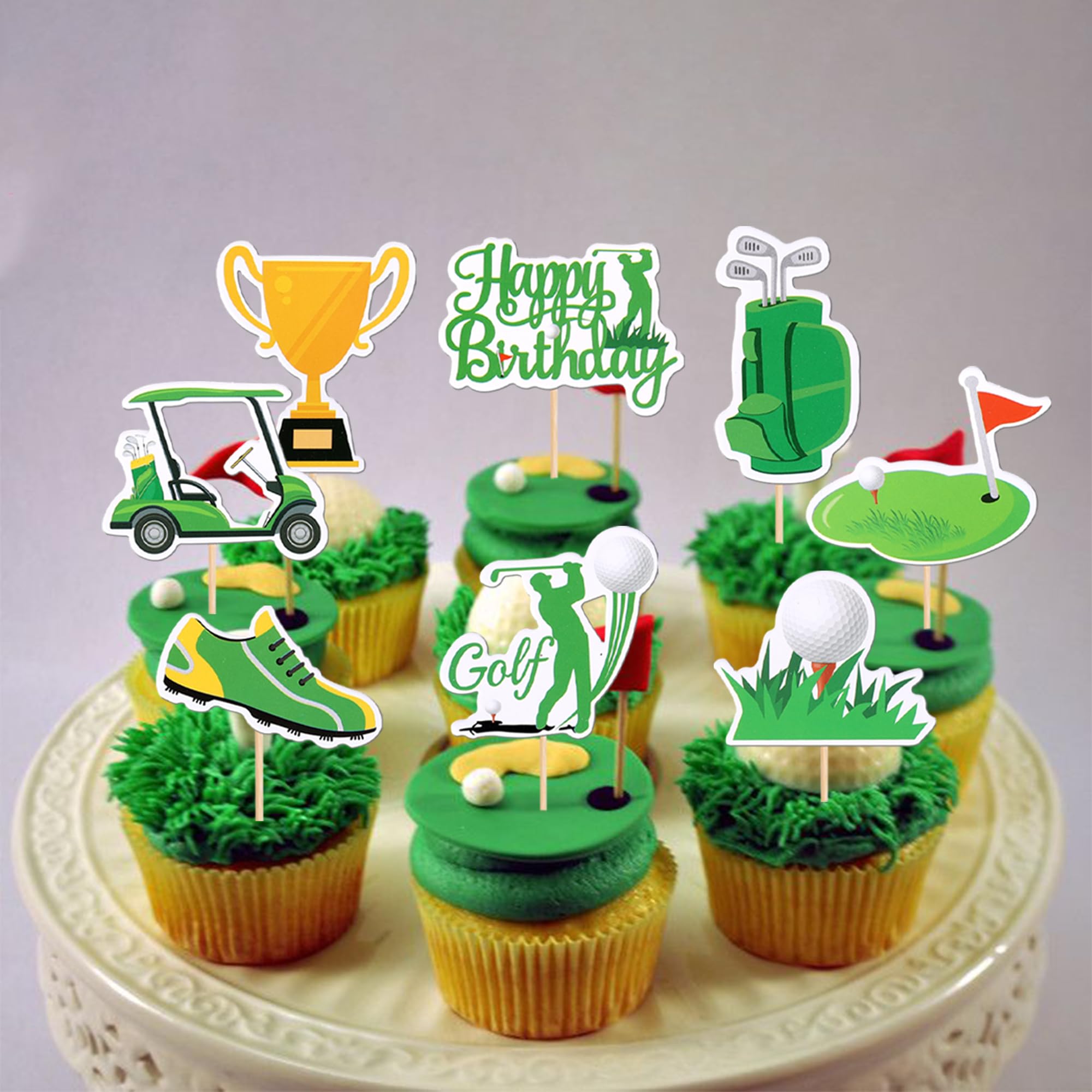 32 PCS Golf Theme Cupcake Toppers - Trophy, Golf Shoes, Bag & Ball Carts Decorations for Golf Party, Baby Shower, Kids Birthday - Perfect for Sports Themed Cake Decorating Supplies