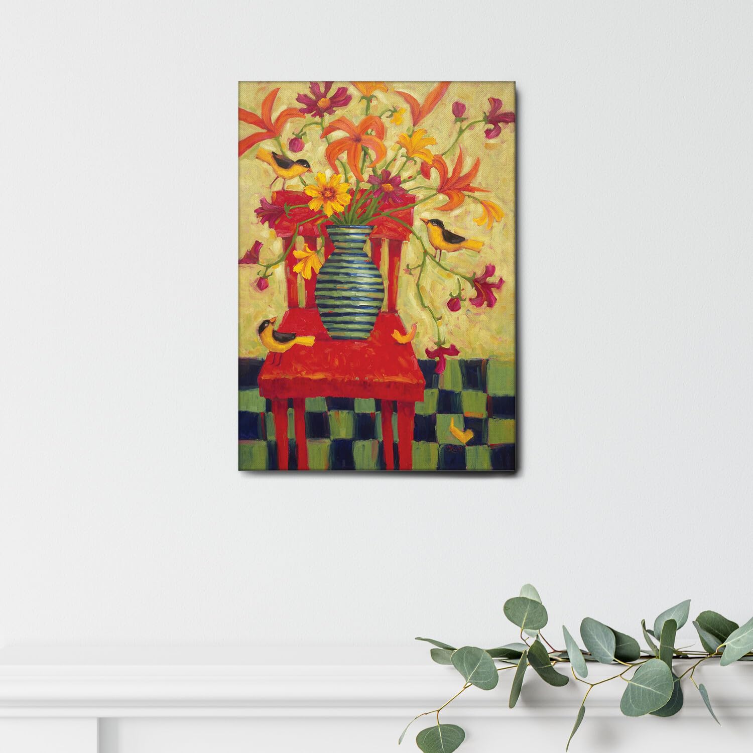 Giallobus - Cindy Revell Painting - Red Chair Flower Vase Canvas Art - 70x100cm Standard Frame - Ready to Hang - Modern Home Wall Decor for Living Room, Bedroom & Office