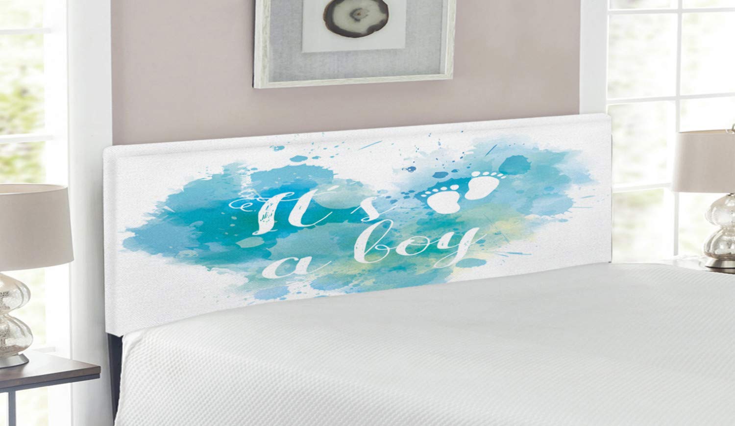 Ambesonne Gender Reveal Headboard - 'It's a Boy' Grunge Pastel Brushstroke Design, Upholstered Decorative Metal Bed Headboard with Memory Foam, Queen Size in Turquoise & Blue - Perfect for Baby Showers, Nursery Decor & Gender Reveal Parties