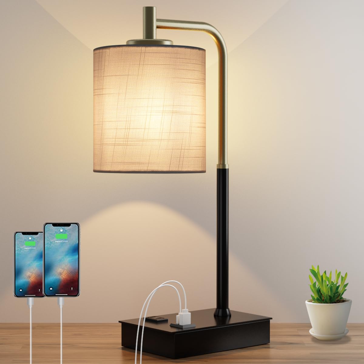 Mafeiyan Touch Control Table Lamp - 3-Way Dimmable Modern Bedside Lamp with USB Charging Port & AC Outlet, Fabric Shade Nightstand Lamp for Bedroom, Living Room, Office | Perfect for Reading, Working & Night Light (Bulb Included)