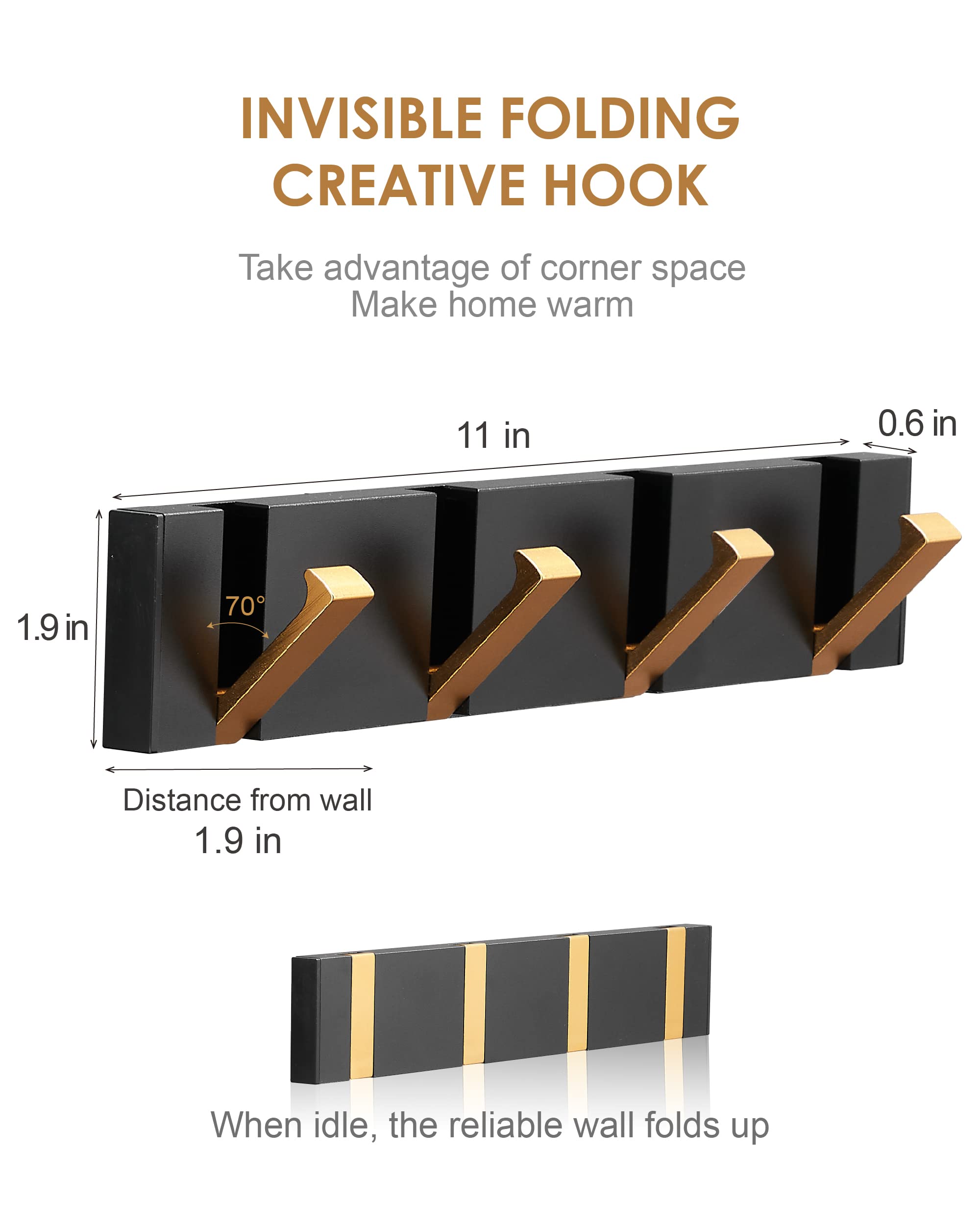 2 Pack Waterproof Black Gold Retractable Wall Hooks - Space Saving Bathroom Towel Hooks, Matte Finish Minimalist Design for Doors, Robes & Coats - Perfect for Kitchen, Balcony & Small Spaces