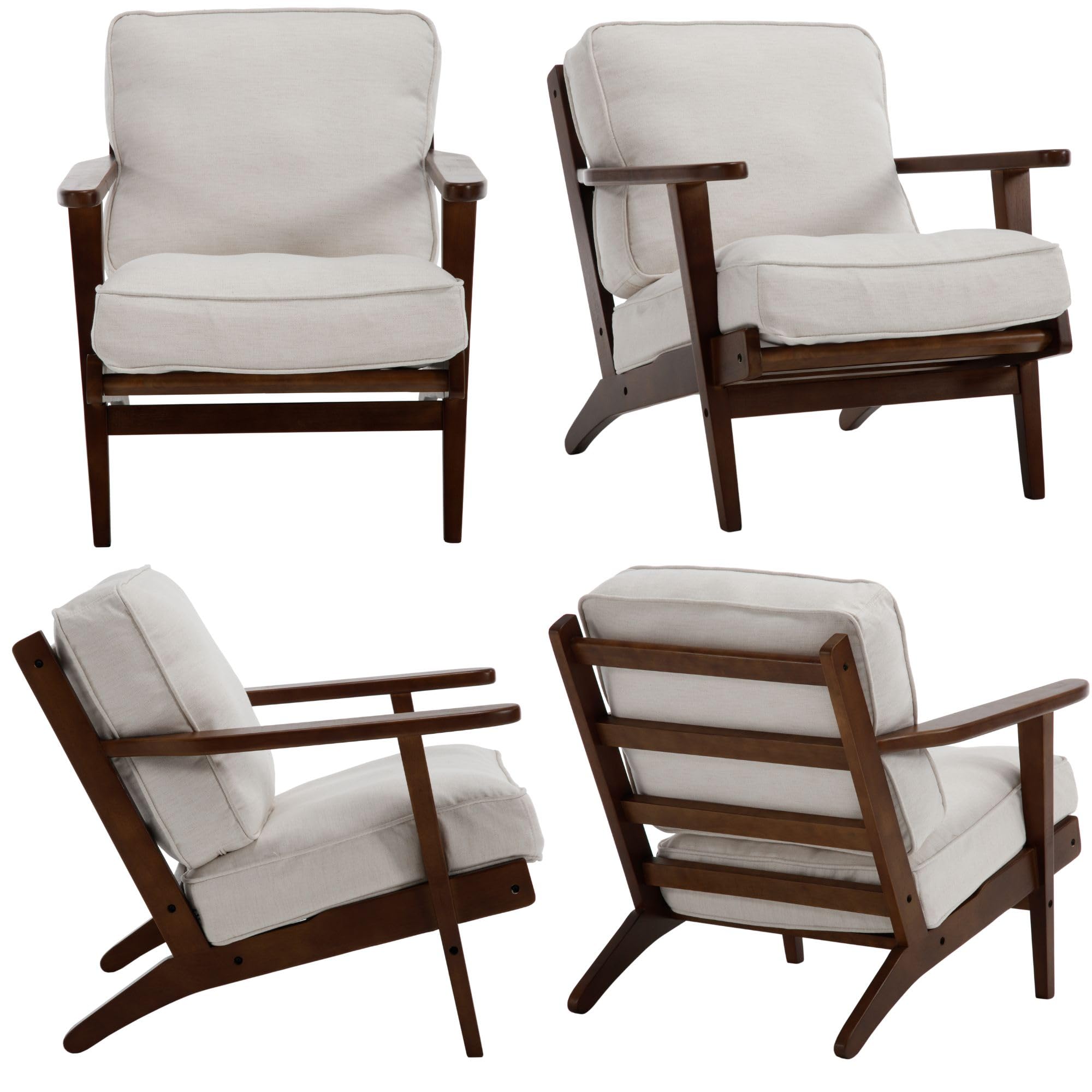 Mid-Century Modern Accent Chair - Fabric Upholstered Armchair with Wooden Legs, Comfortable Low Back Lounge Chair for Living Room & Bedroom - Beige - Perfect for Reading Nooks, Cozy Corners & Small Spaces