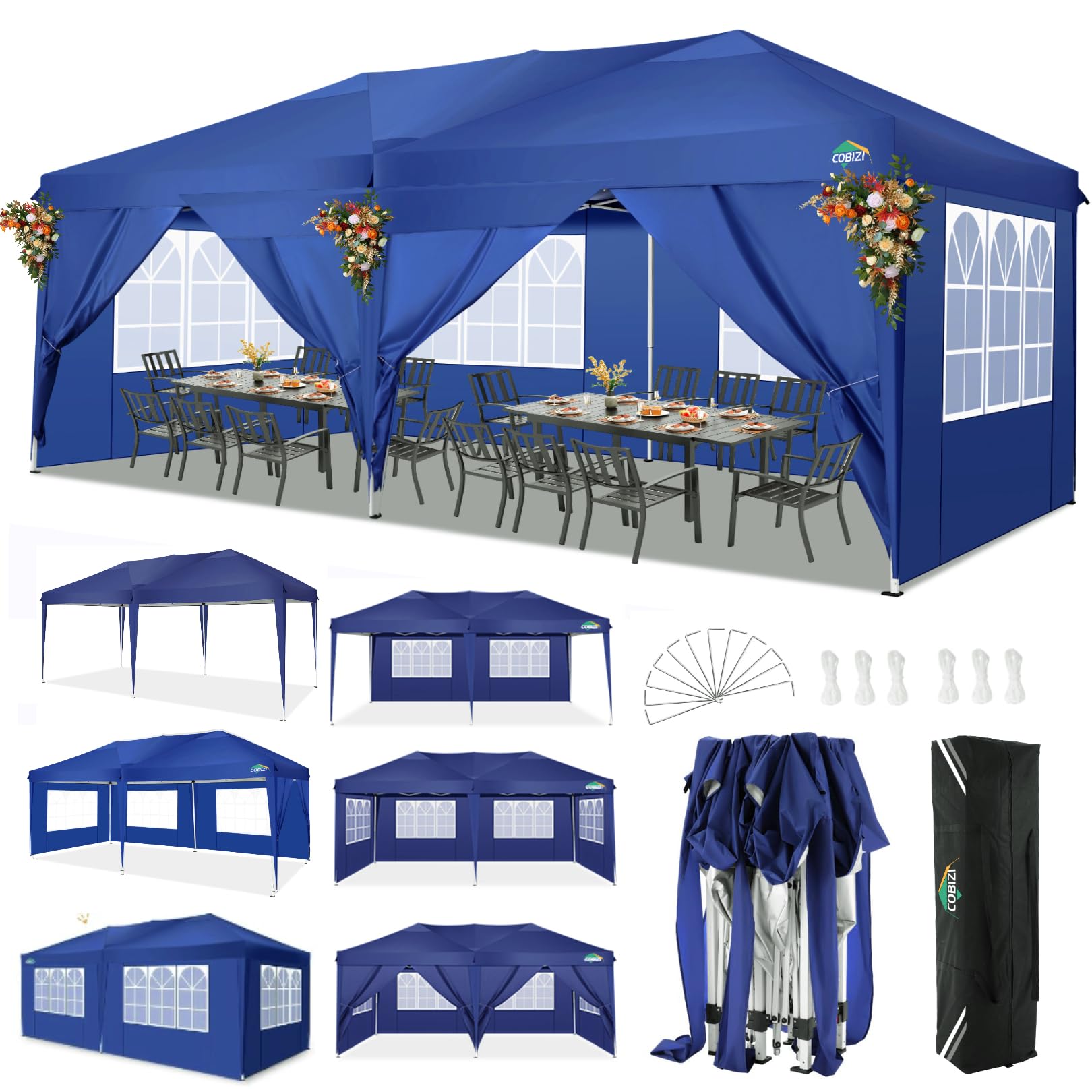 COBIZI 10x20 Pop Up Canopy Tent with 6 Sidewalls - Waterproof Outdoor Event Shelter, UPF 50+ Gazebo for Parties, Beach, Camping & Weddings - Navy Blue Commercial Instant Canopy - Perfect for Backyard BBQs, Farmers Markets & Tailgating