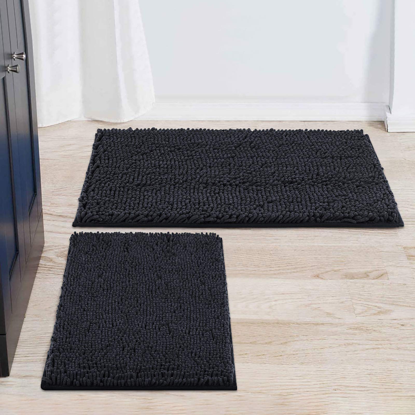Premium Chenille Bathroom Rugs and Mats Set - 2 Piece Non-Slip Absorbent Shaggy Bath Mat for Bathroom, Shower & Tub - Machine Washable (20