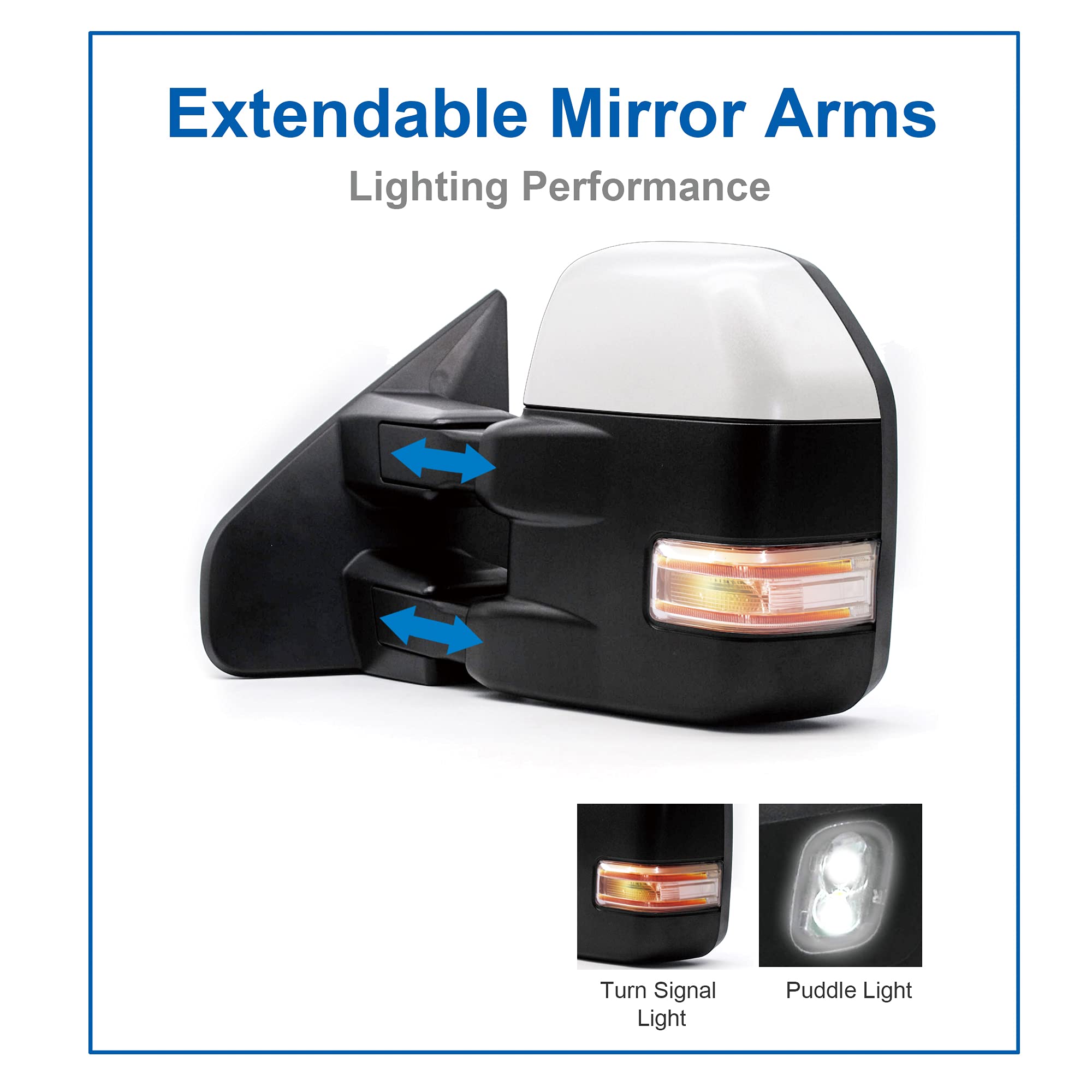 Upgraded Power Heated Towing Mirrors with LED Turn Signal & Puddle Lamp - Manual Folding Chrome Cap - Compatible with 2004-2014 Ford F150 Pickup Truck - Perfect for Enhanced Visibility & Safety While Towing or Night Driving