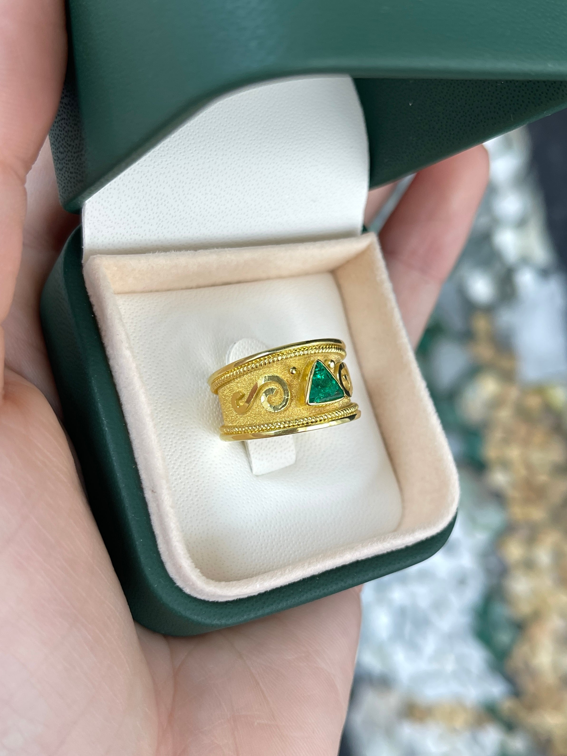 18K Gold Byzantine Trillion Cut Emerald Solitaire Ring - Size 6 - Elegant Wedding, Engagement & Anniversary Jewelry Gift for Women