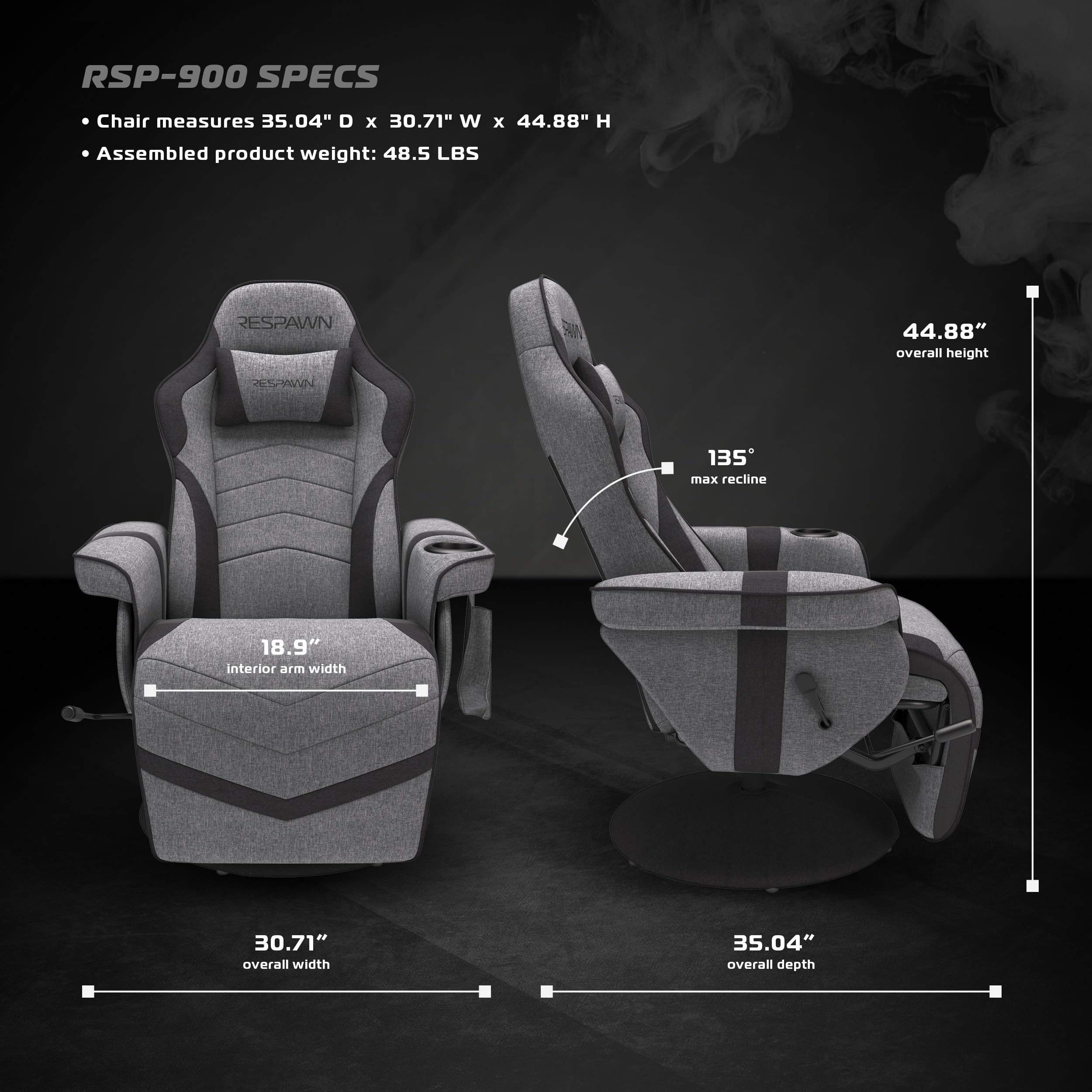 RESPAWN 900 Ergonomic Gaming Recliner Chair with Adjustable Leg Rest & Footrest - Gray Fabric Gaming Chair for PC, Console & Home Theater - Perfect for Gaming, Streaming & Relaxing