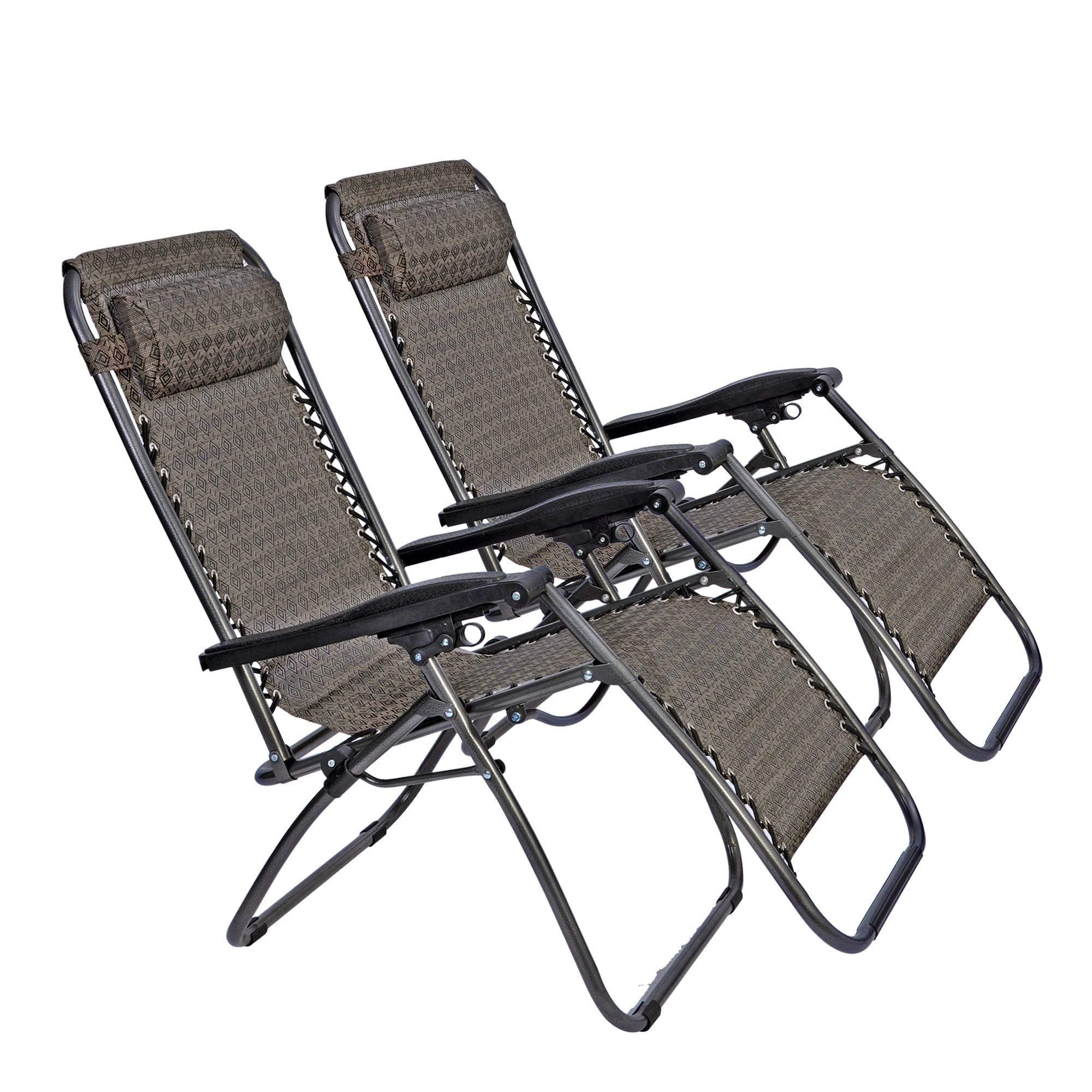 LUCKYERMORE Adjustable Textilene Zero Gravity Chairs Set of 2 - Diamond Design Outdoor Folding Recliners with Pillow, 300 LBS Capacity - Perfect for Poolside, Beach, Patio, Backyard & Camping (Grey & Brown)