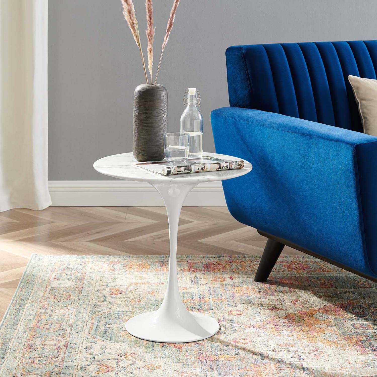 Modway Lippa Round Marble Side Table - White Finish Modern End Table for Living Room, Bedroom & Office - EEI-5680-WHI-WHI