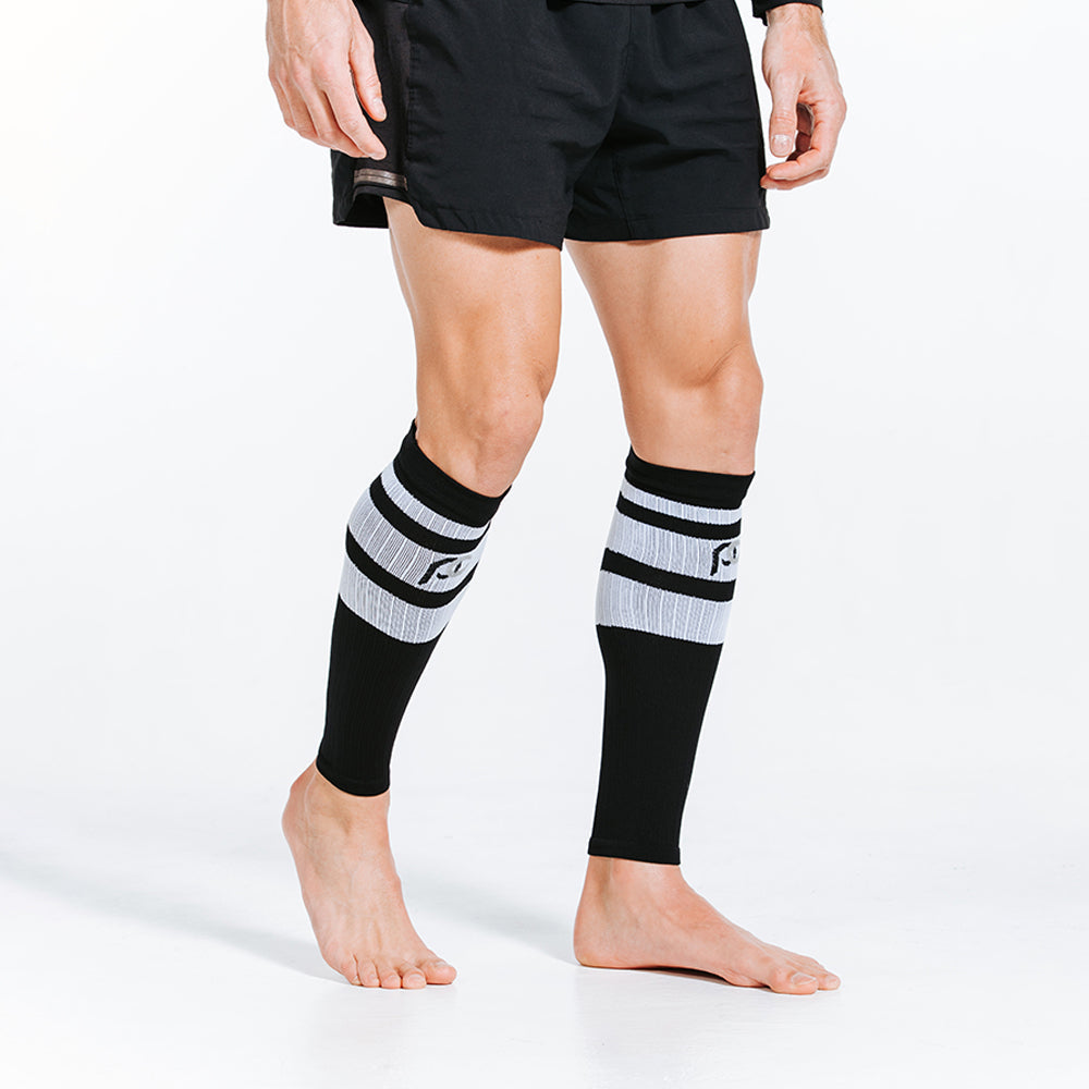Black Classic Stripe Calf Sleeves for Running, Cycling & Sports - Compression Support for Athletes & Workout Recovery
