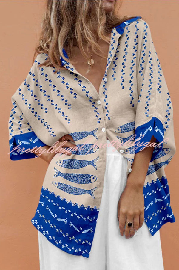 Stylish Marine Print Casual Loose Shirt Top for Women - Beachwear, Summer Vacation & Boho Outfit