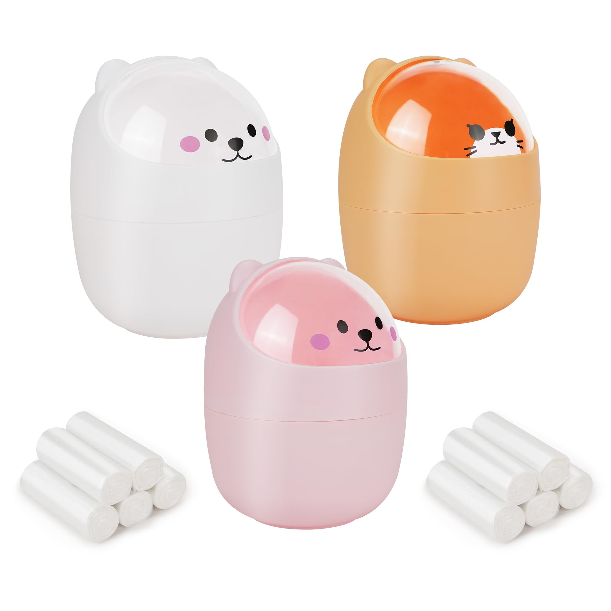 3PCS Mini Trash Can with 200 Trash Bags - Cute Cartoon Animal Small Waste Bin with Swing Lid for Home, Office, Kitchen, Bedroom & Dressing Table - Perfect for Desks, Countertops and Small Spaces