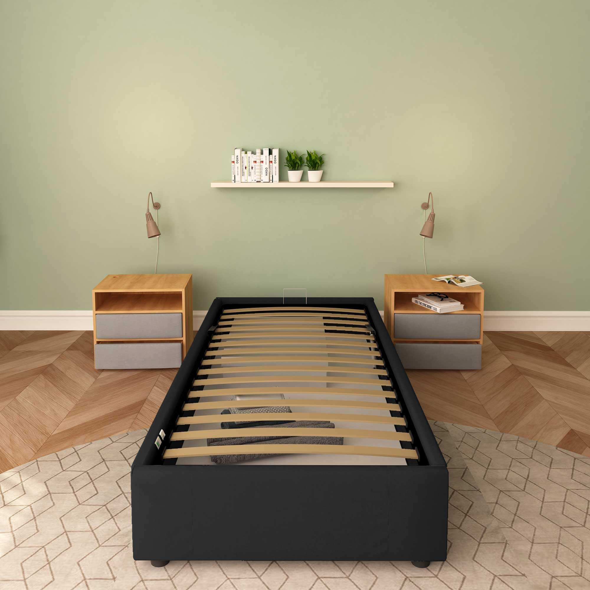 Baldiflex Cloe Fabric Square and Half Bed Frame with Storage, No Headboard, Slatted Base for Mattress, 100 x 200 cm, Black - Perfect for Small Bedrooms, Guest Rooms & Modern Apartments