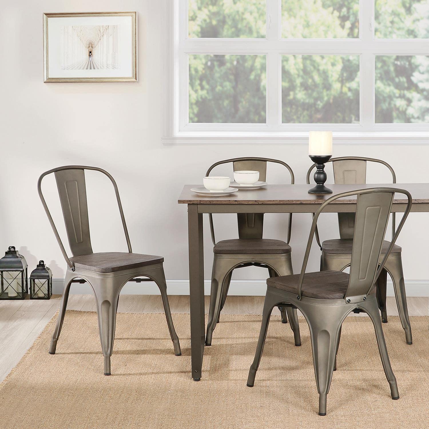 Topeakmart 4-Pack Metal Dining Chairs with Wood Seat - Stackable Indoor Outdoor Chairs for Kitchen, Patio, Restaurant & Office - Industrial Style Side Chairs with Back Support