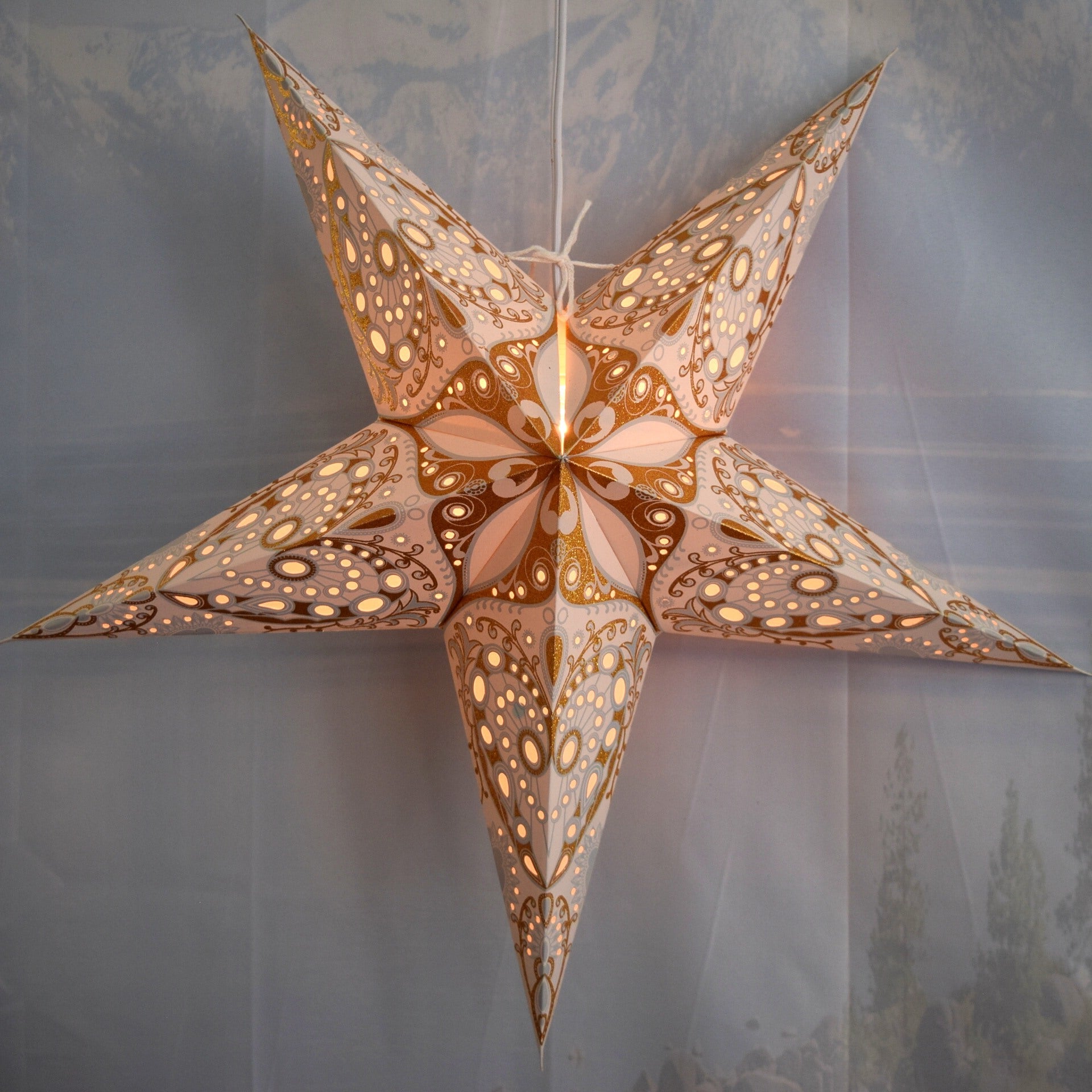 24 Inch Grey Gold Moon Burst Paper Star Lantern with Pendant Light - Elegant Home Decor for Bedroom, Living Room & Party Decoration
