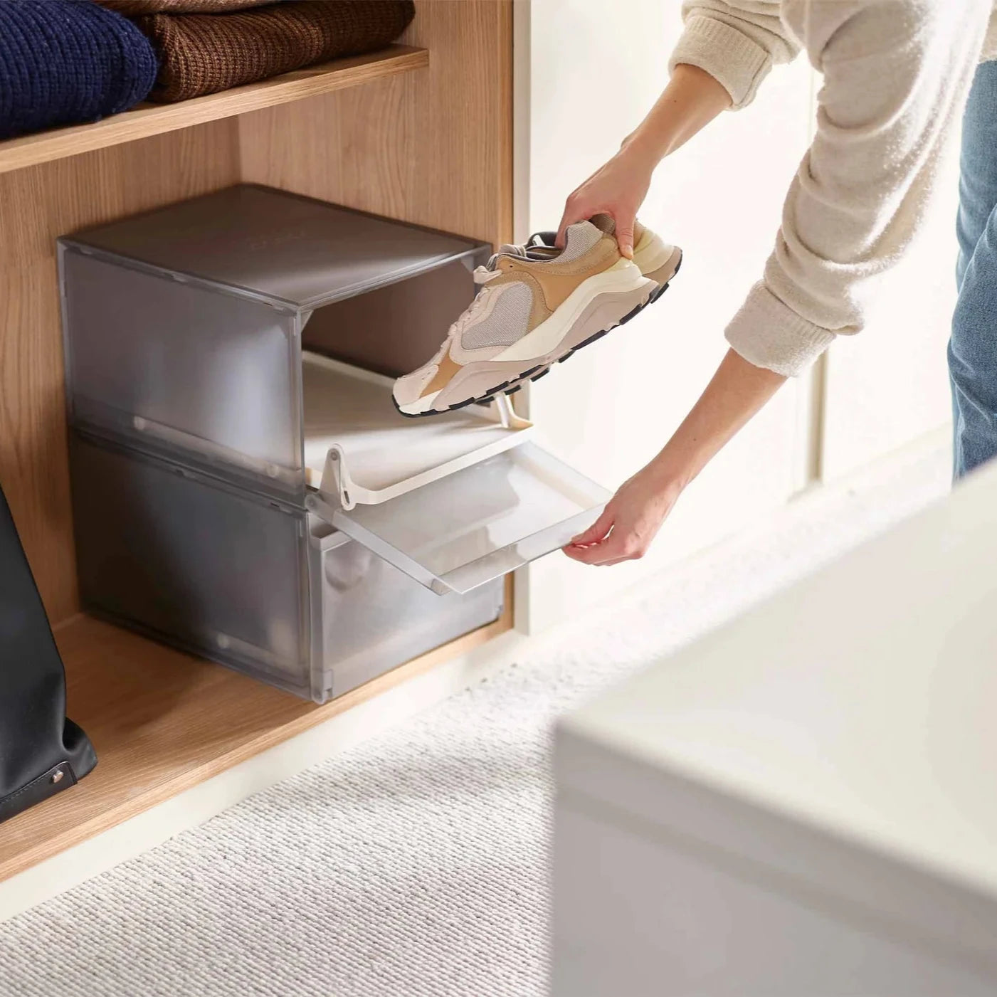 ShoeCase 2-Piece Grey Shoe Storage Box - Stackable Clear Plastic Shoe Organizer for Closet, Bedroom & Entryway Organization