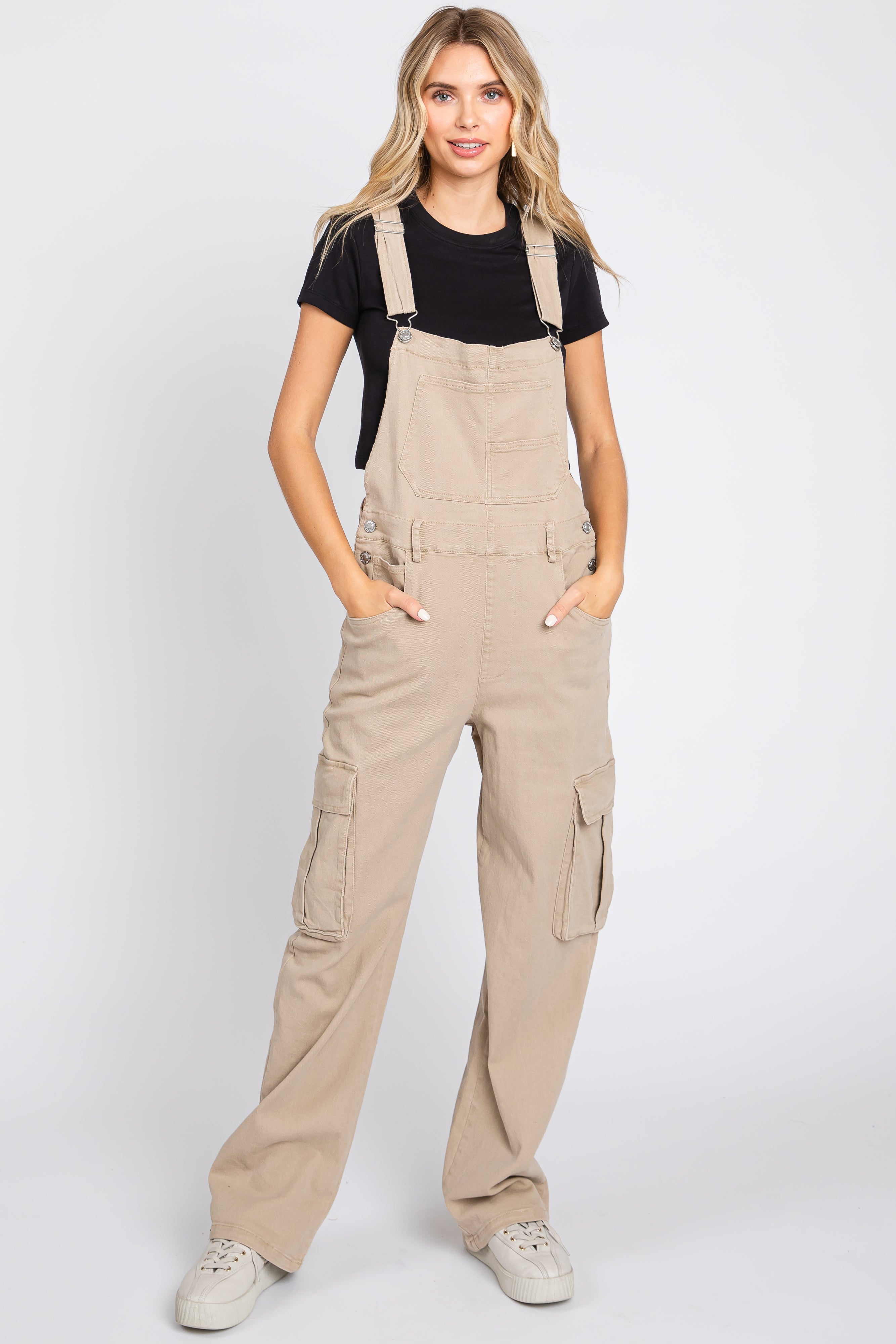 Stylish Beige Maternity Overalls with Cargo Pockets - Comfortable Denim Jumpsuit for Pregnant Women - Perfect for Casual Outings, Shopping & Outdoor Activities