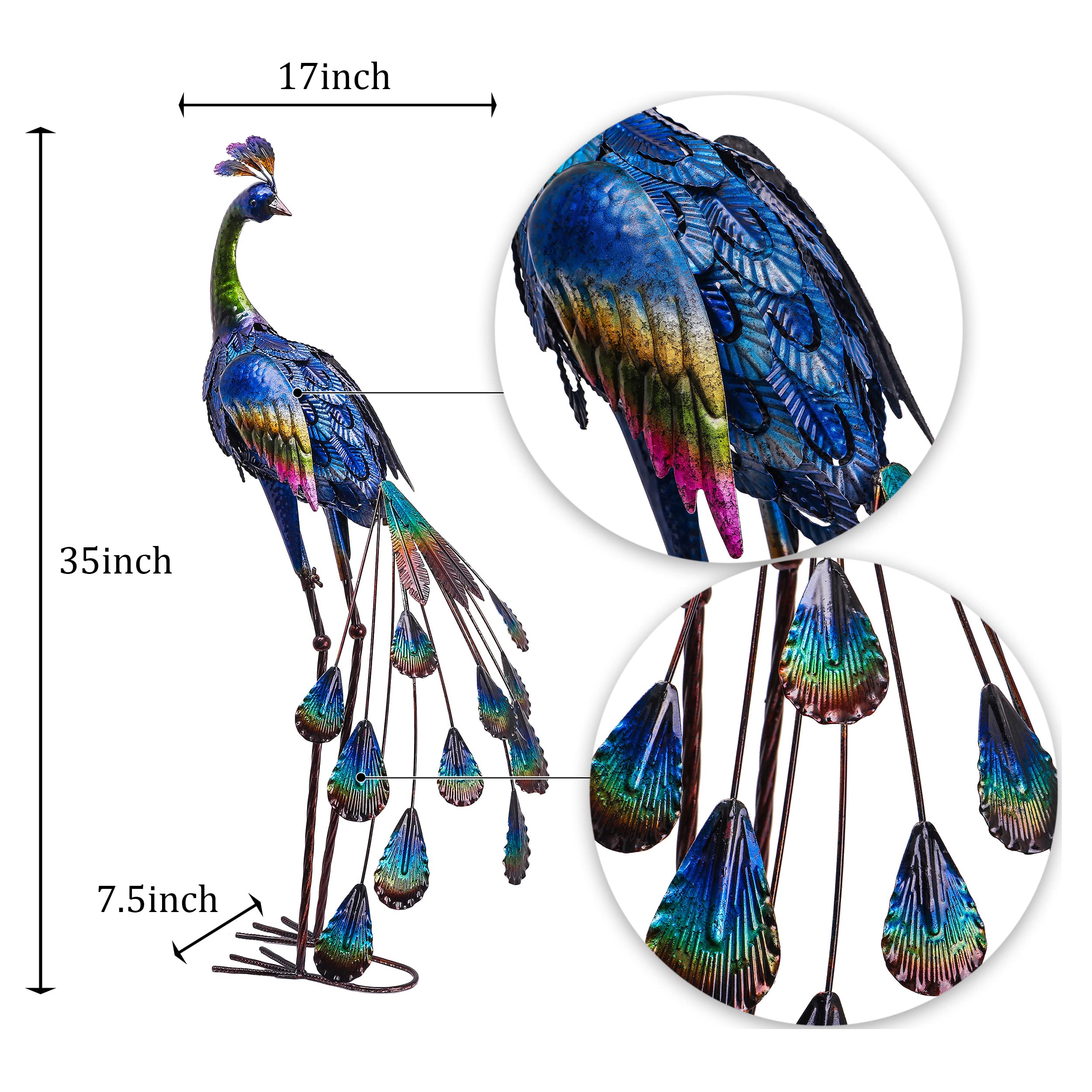 TERESA'S COLLECTIONS 31.5 Inch Solar Peacock Stake Lights & 35 Inch Metal Peacock Garden Statue - Outdoor Decor for Patio, Lawn & Yard | Elegant Solar-Powered Lighting & Decorative Metal Sculpture for Garden Landscaping