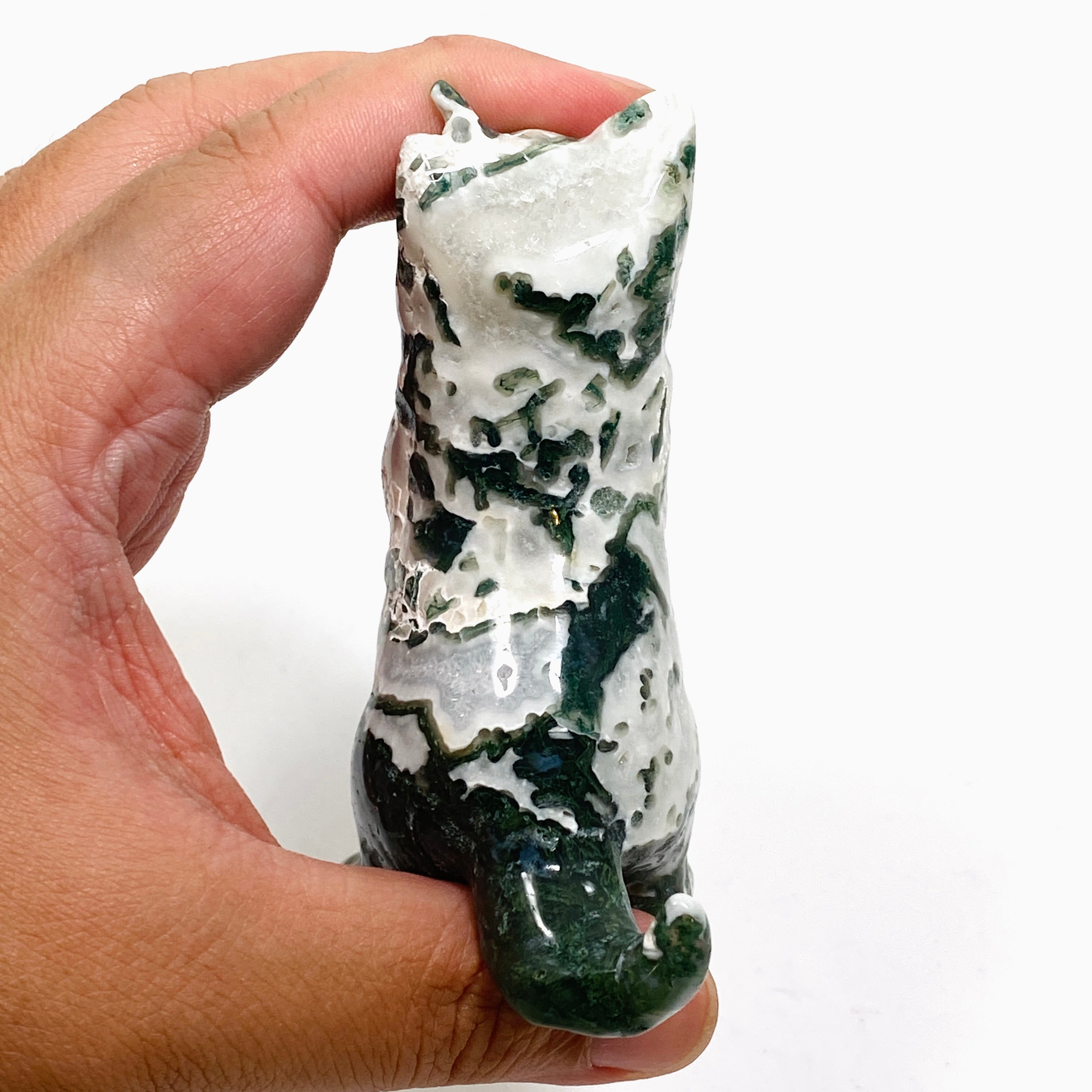 Natural Moss Agate Cat Carving Handmade Figurine - MAC 04 - Spiritual Healing Stone for Home Decor, Meditation & Gifts
