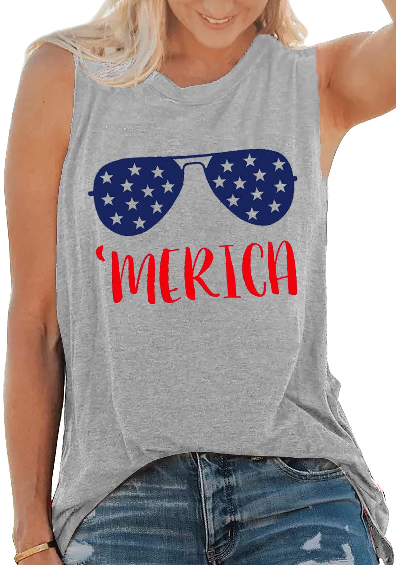 American Flag Tank Tops for Women - Patriotic Sleeveless Graphic Tees with Sunglass Design - Casual 4th of July Shirts - Perfect for Independence Day Celebrations, Summer BBQs & Beach Outfits