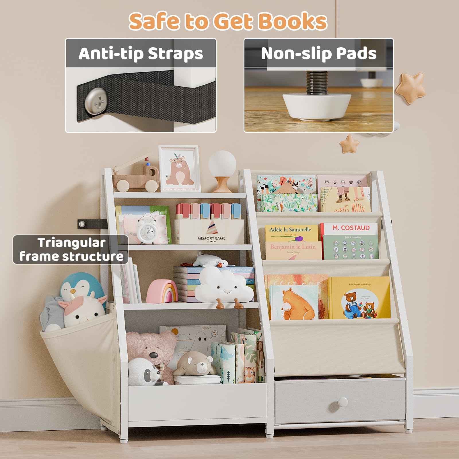 White Kids Bookshelf & Toy Storage Organizer - Montessori Bookcase for Nursery, Toddler Room & Playroom - Perfect for Organizing Books, Toys & Learning Materials