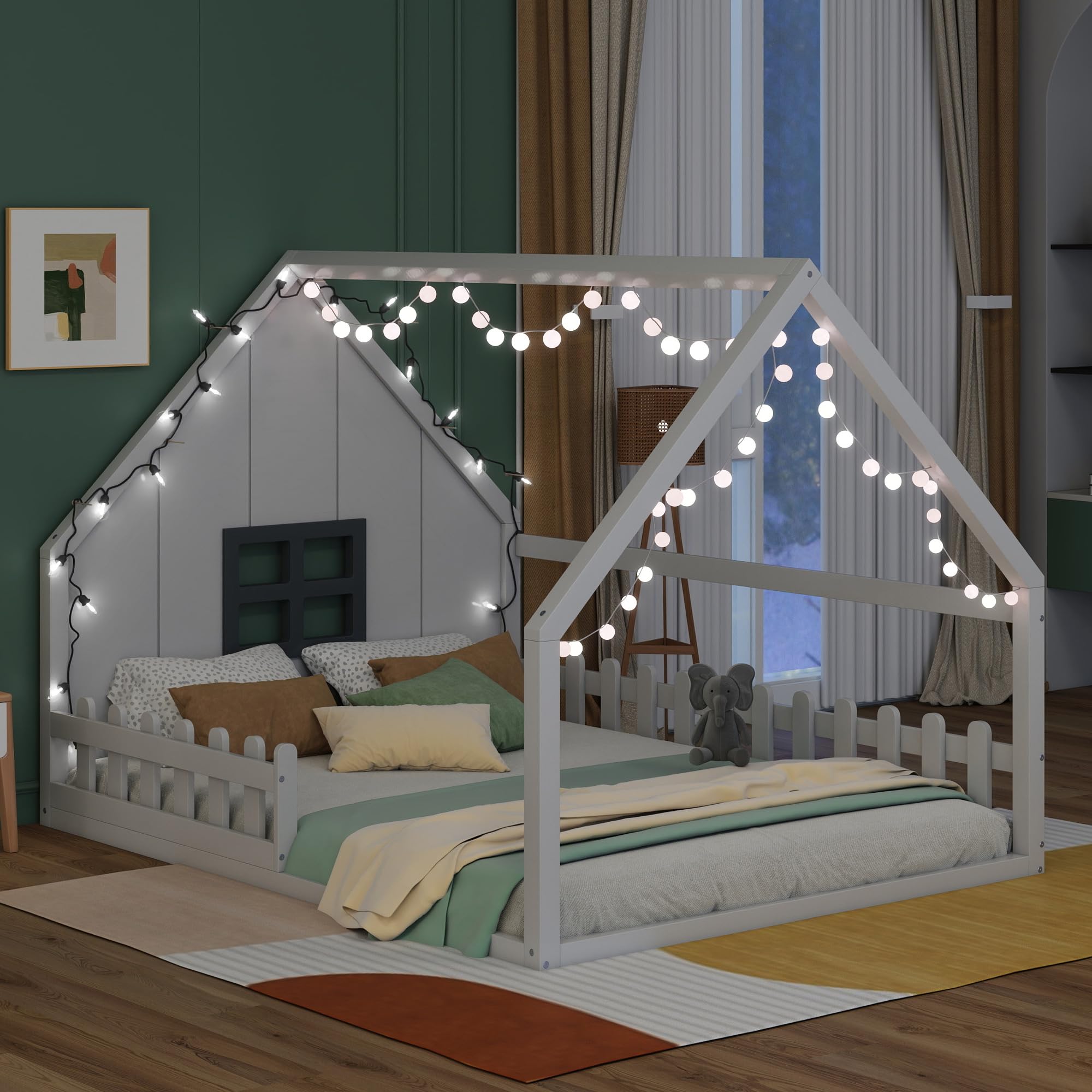Merax Full Size Wooden Montessori Floor Bed for Kids with LED Lights, Safety Fence & Window - Toddler Bed Frame for Boys & Girls in White - Perfect for Montessori Bedrooms, Playrooms & Safe Sleep Spaces