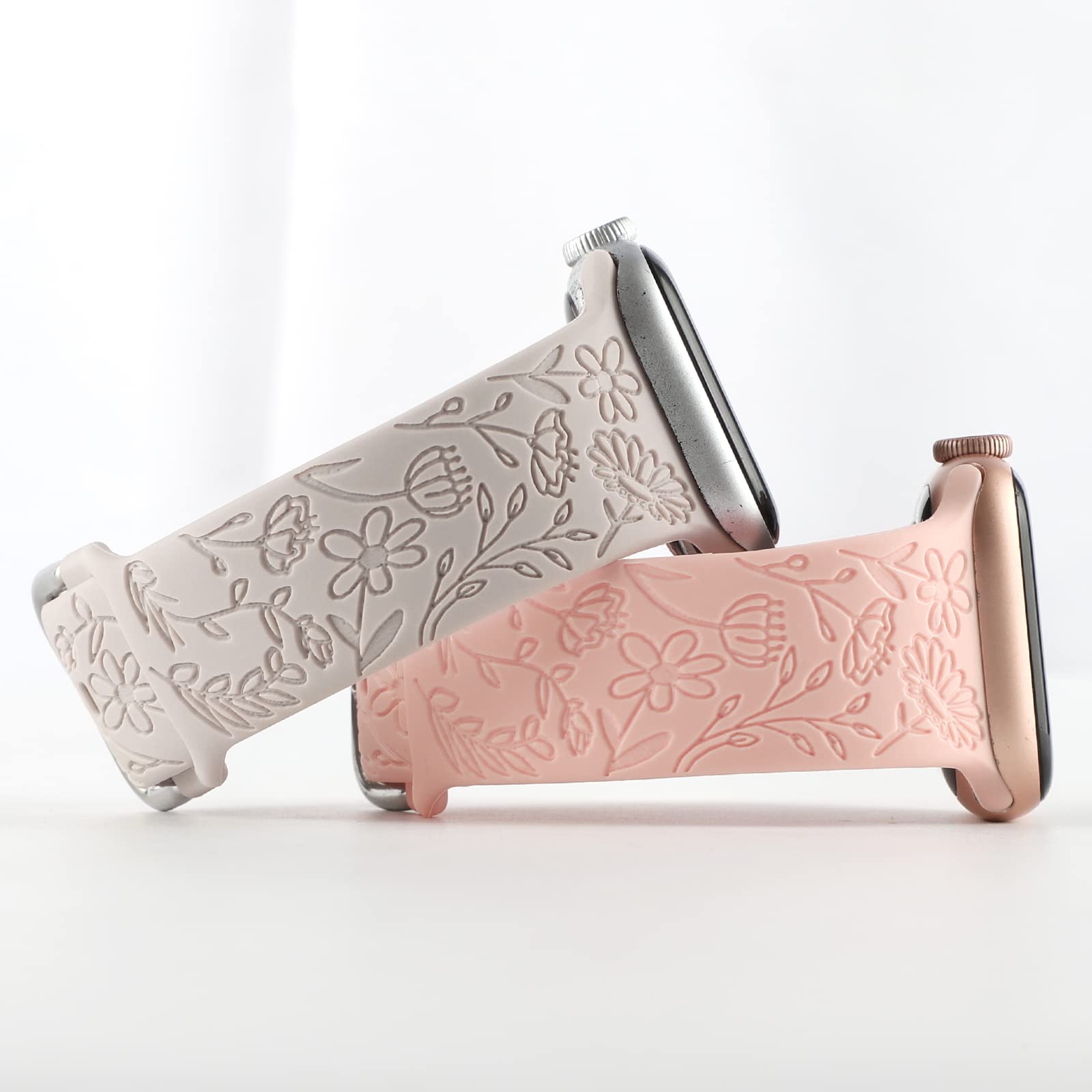 2 Pack Floral Engraved Sport Band for Apple Watch 38mm 40mm 41mm - Soft Silicone Replacement Strap Compatible with iWatch Series 8/7/6/5/4/3/2/1/SE - Women's Fashion Accessory for Workout, Running & Daily Wear