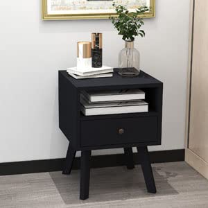 Modern End Side Table Nightstand with Storage Drawer - Solid Wood Legs Bedside Table for Bedroom & Dorm - Easy Assembly Pull-Out Drawer (Black, 1 Drawer) - Perfect for Small Spaces, Apartment Living & Guest Rooms