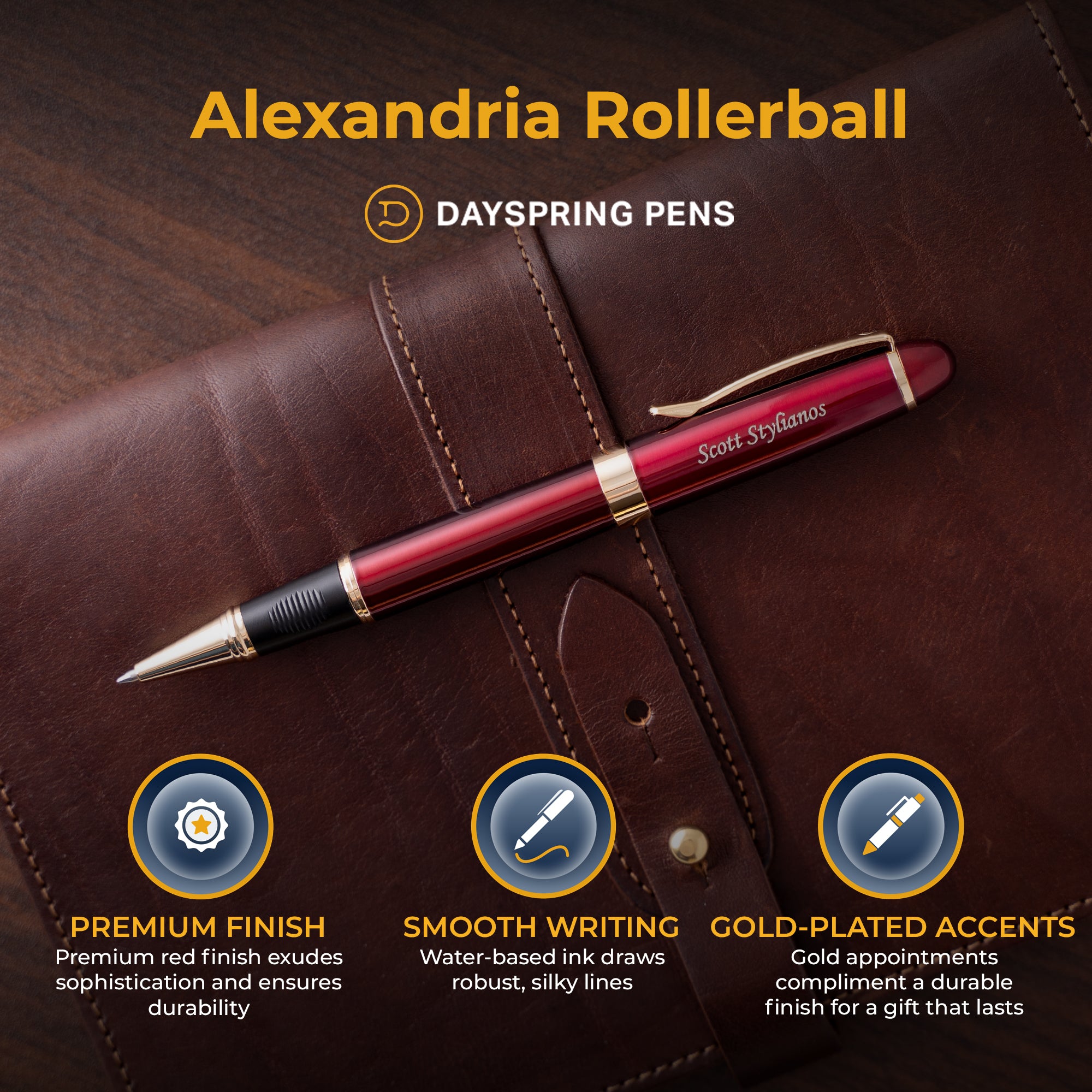 Dayspring Alexandria Rollerball Pen - Premium Smooth Writing Pen with Comfort Grip (Red) - Perfect for Office, School, Journaling & Gift Giving