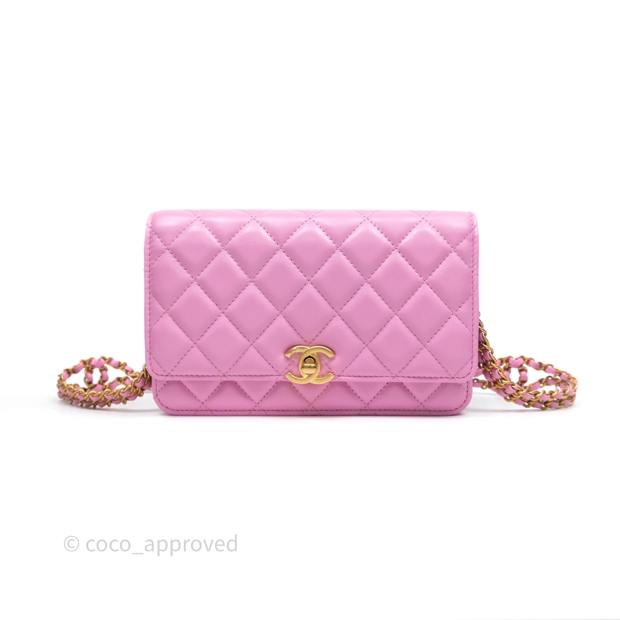 Chanel CC Chain Wallet On Chain WOC in Pink Lambskin with Aged Gold Hardware - Luxury Crossbody Bag for Women, Perfect for Evening Out & Special Occasions