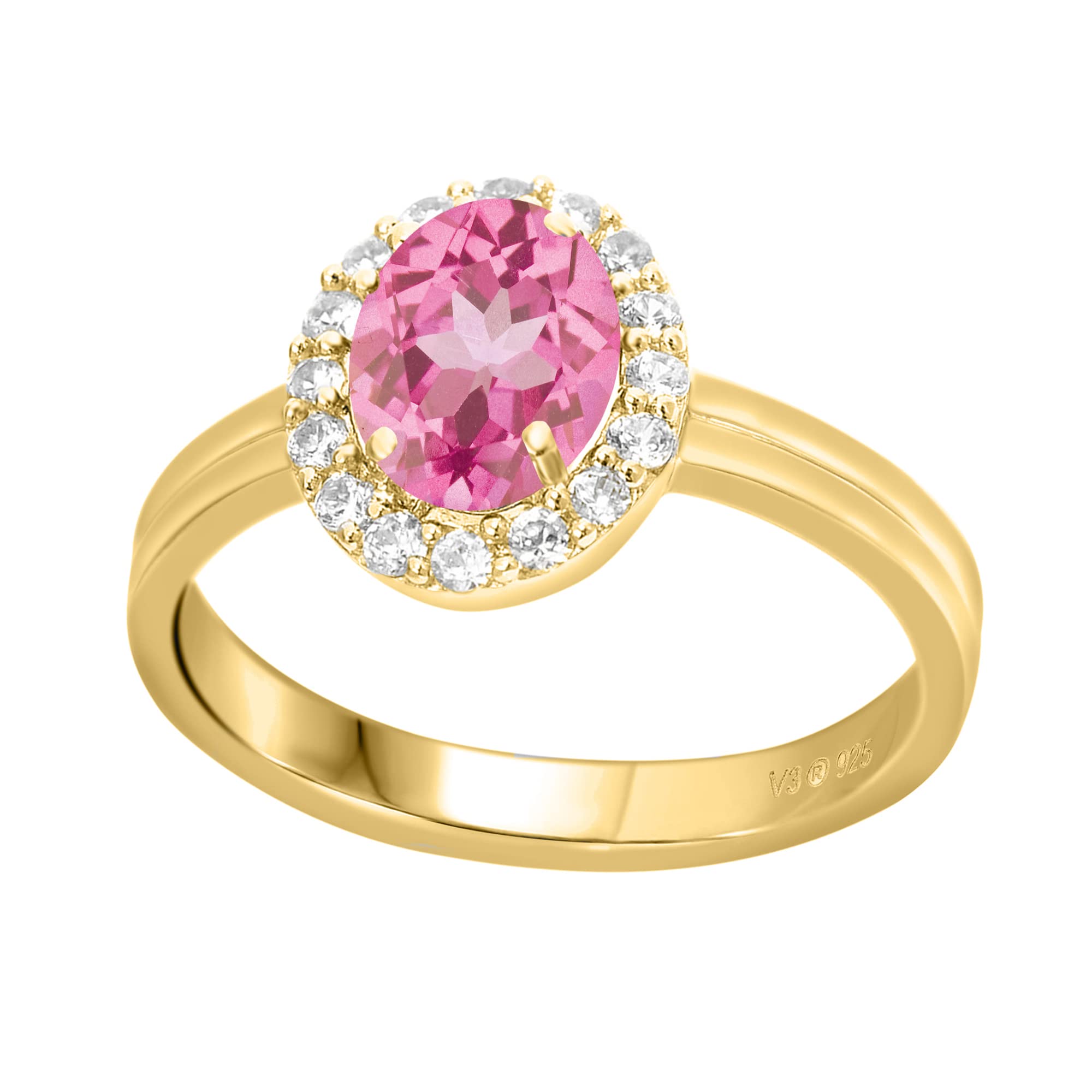 14K Gold Over Sterling Silver Pink & White Topaz Halo Ring for Women - Elegant Engagement, Wedding, Anniversary Gift Jewelry