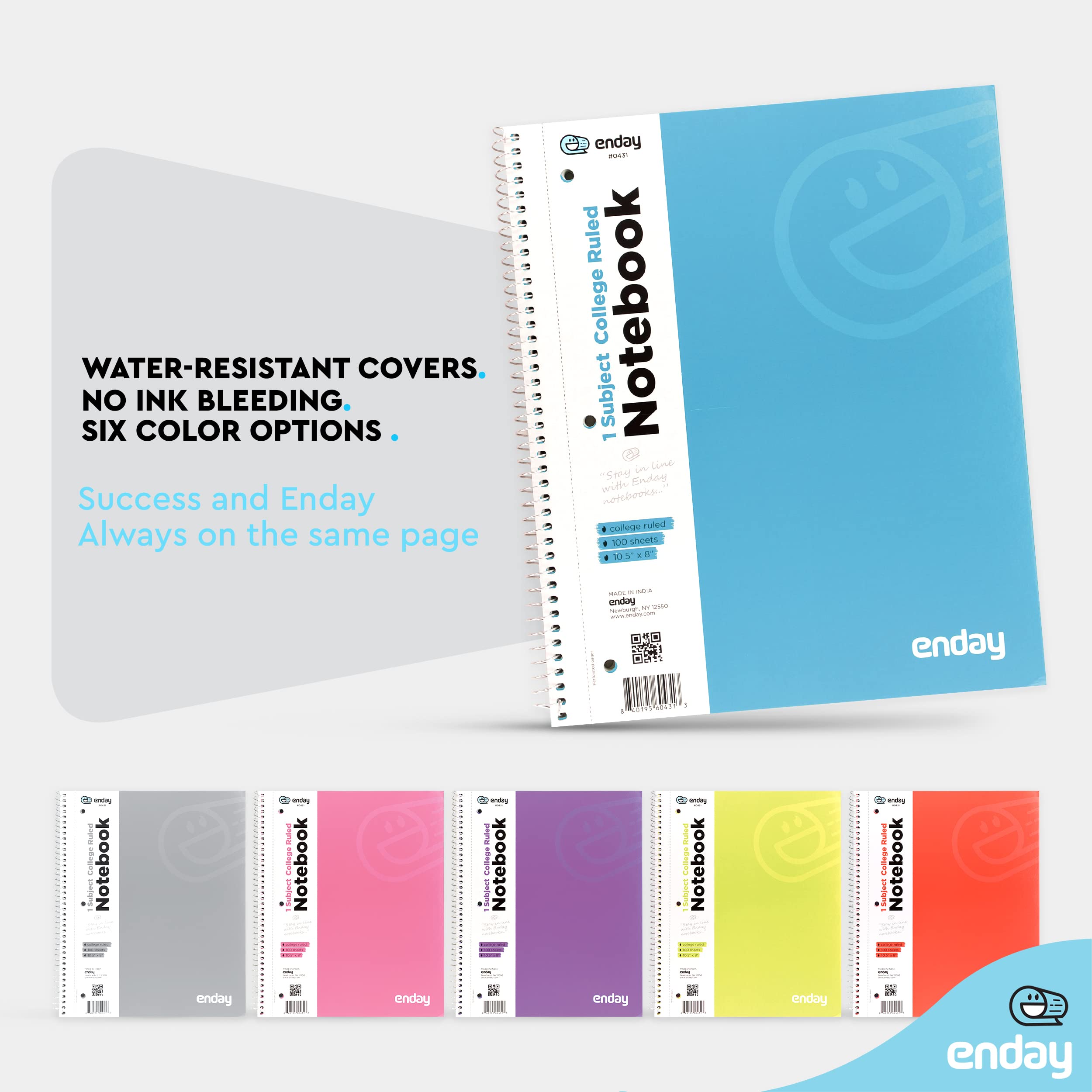 Enday College Ruled Notebook 6-Pack - 1 Subject Spiral Bound Hardcover Notebooks with 70 Lined Sheets for School, College & Office - Perfect for Note Taking, Journaling & Study Sessions