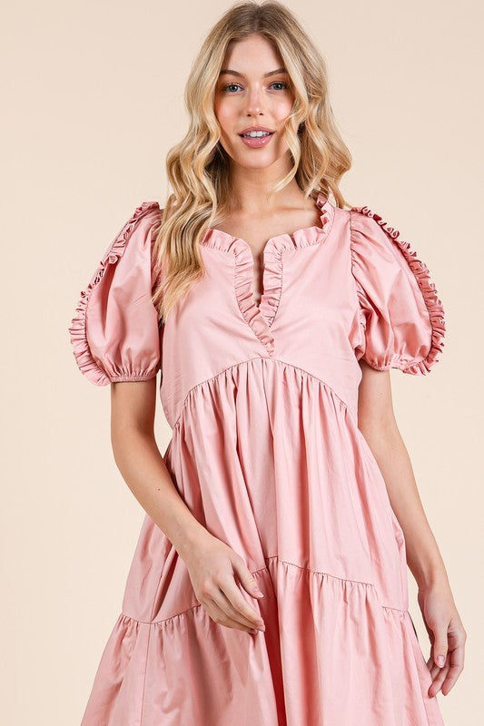 Pink Ruffle Trim Puff Sleeve Cotton Babydoll Midi Dress - Perfect for Resort Vacations, Beach Getaways & Summer Parties
