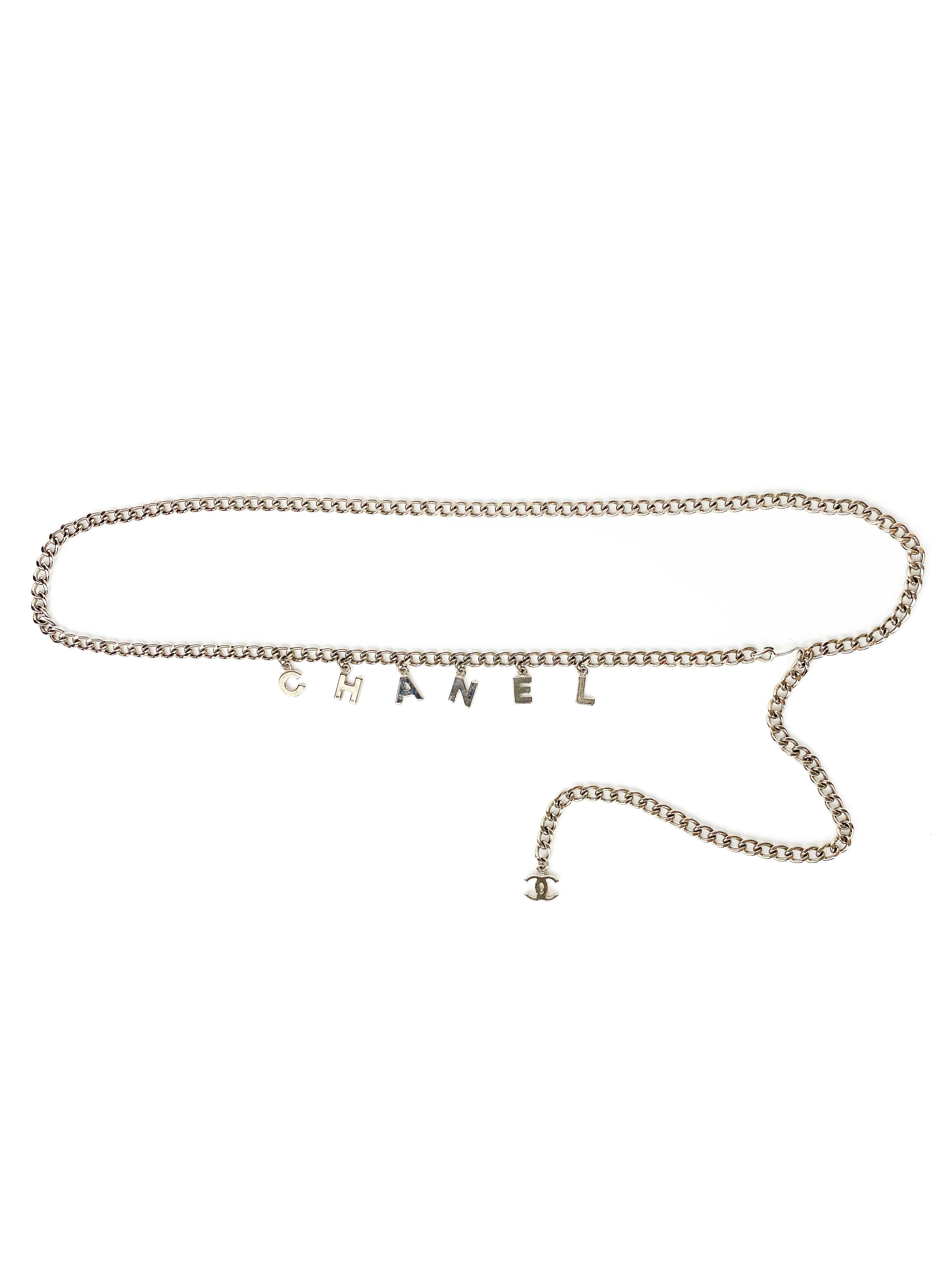 Chanel Silver Chain Belt with Letter Charms - Elegant Women's Fashion Accessory for Parties, Weddings & Everyday Style