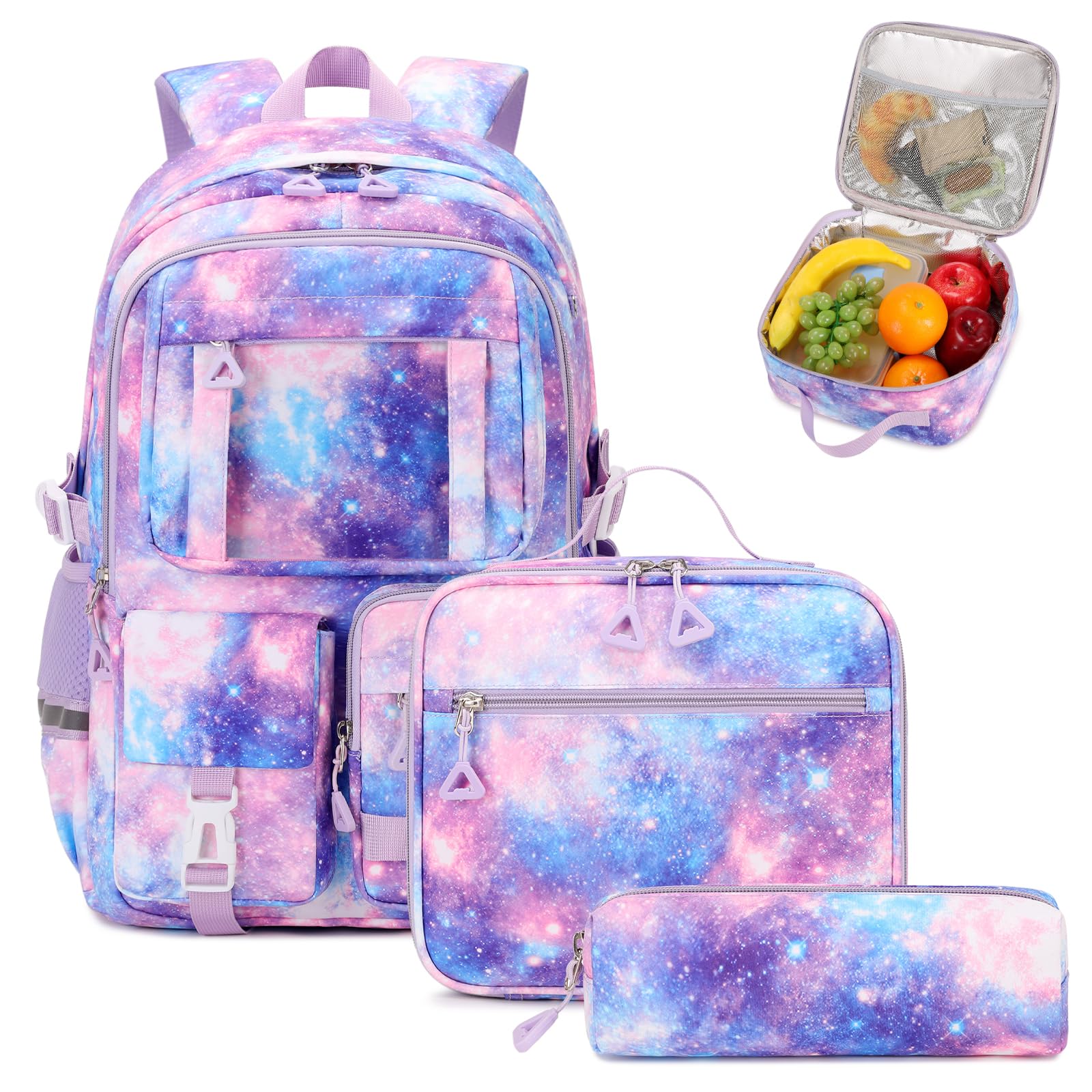 3-Piece Girls Backpack Set with Lunch Box - Cute Kawaii School Book Bag for Elementary & Middle School Students - Ita Backpack Galaxy Print - Perfect for School, Travel & Daily Use