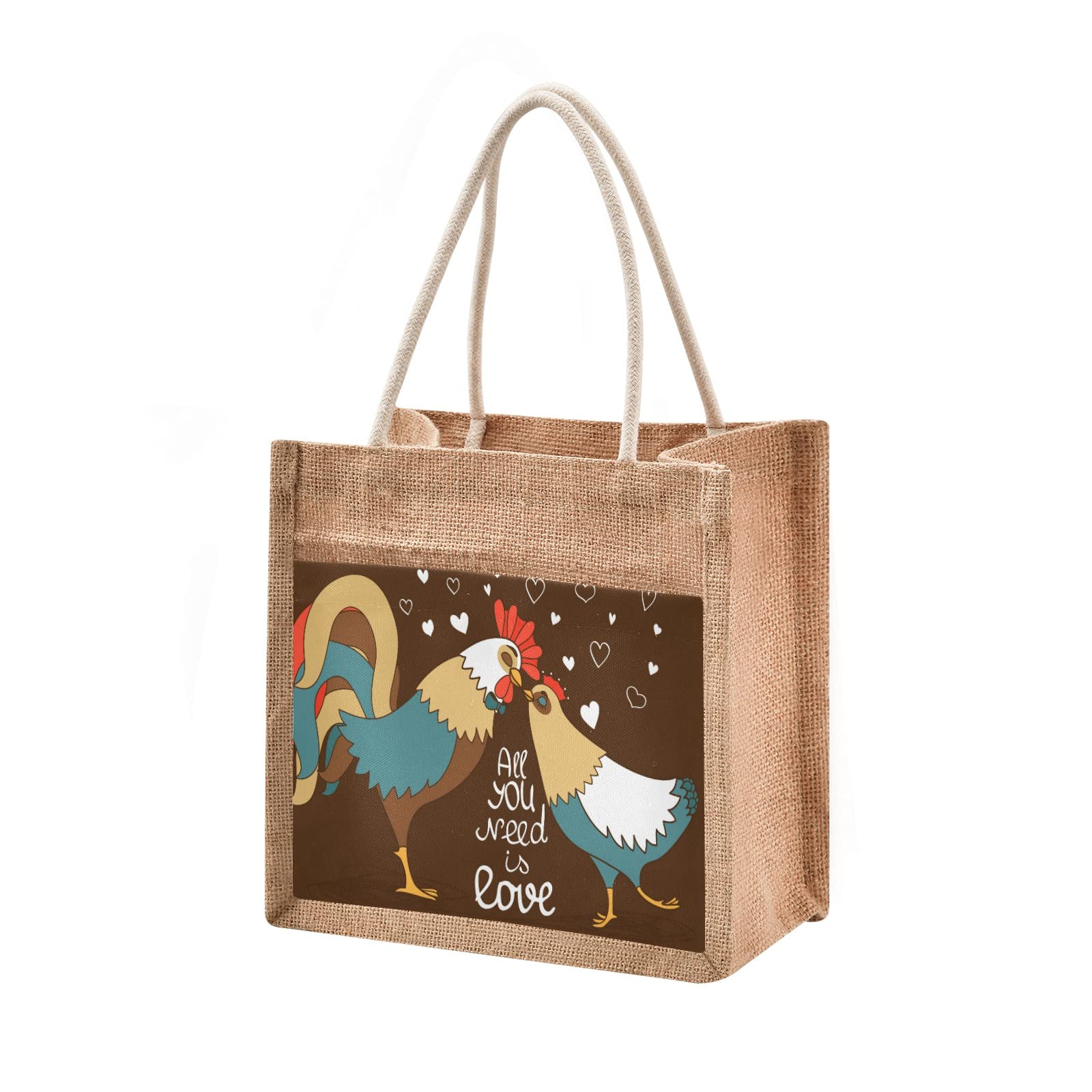 Linqin Rooster and Chicken Jute Tote Bag - Waterproof Reusable Grocery Shopping Bag with Sturdy Handles for Farmers Market, Beach, Travel & Daily Use | Eco-Friendly Cotton Canvas Carryall for Women & Men