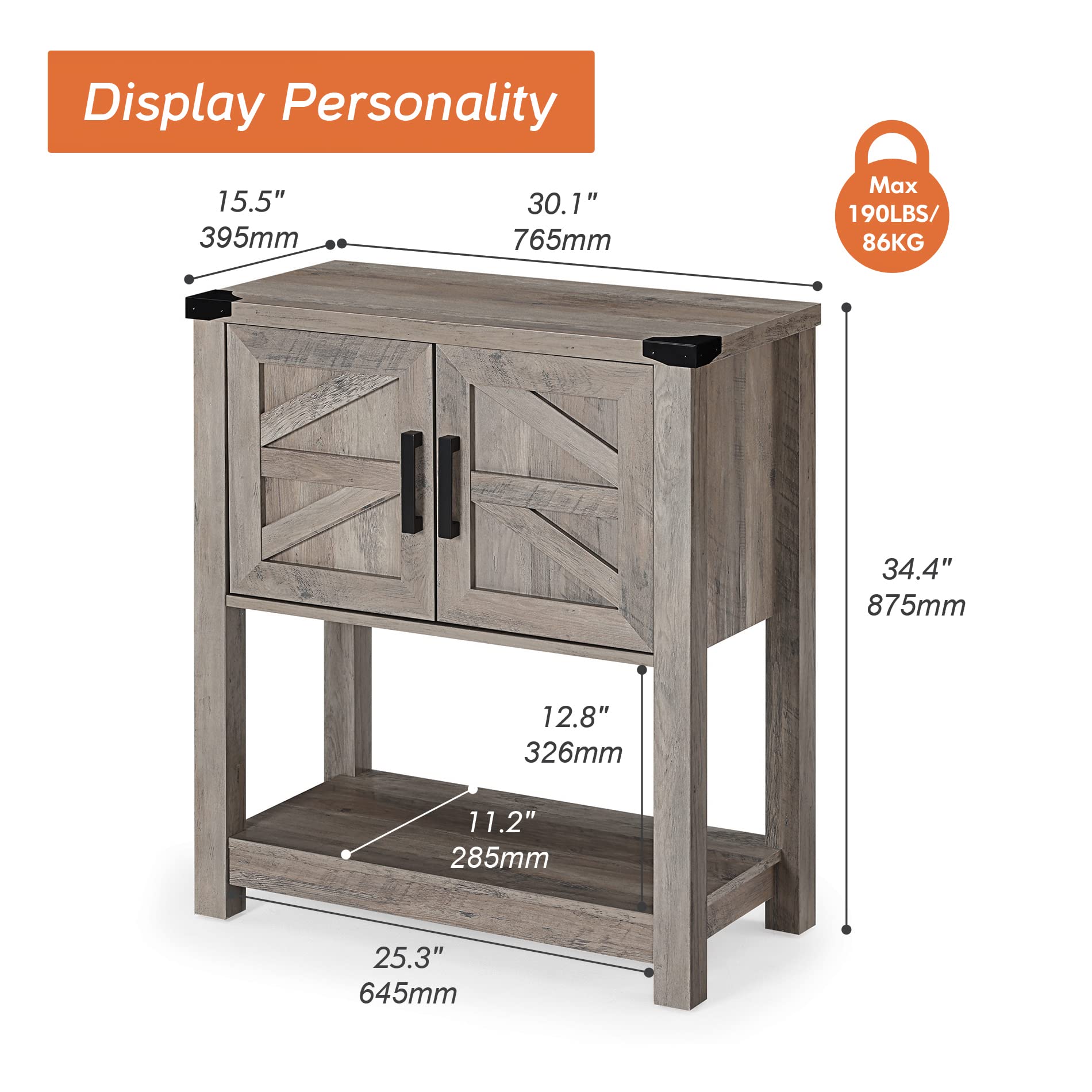 WAMPAT Farmhouse Wood Sideboard Cabinet with Open Storage - Adjustable Shelves & Magnetic Door Catch for Kitchen, Living Room - Rustic Grey Wash Finish | Perfect for Dining Room Storage & Home Decor