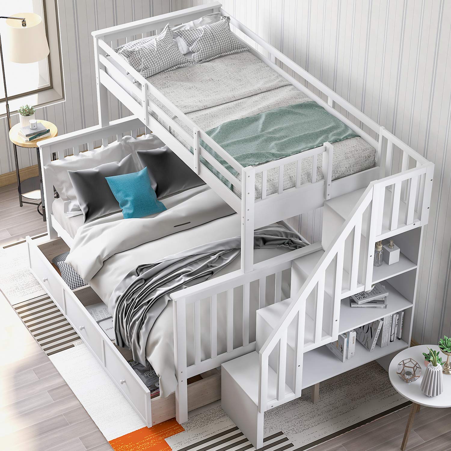 MERITLINE Twin Over Full Bunk Bed with Stairs - Solid Wood Bunk Bed Frame with Storage Drawers & Shelves, No Box Spring Required - White - Perfect for Kids' Bedrooms, Guest Rooms & Small Spaces