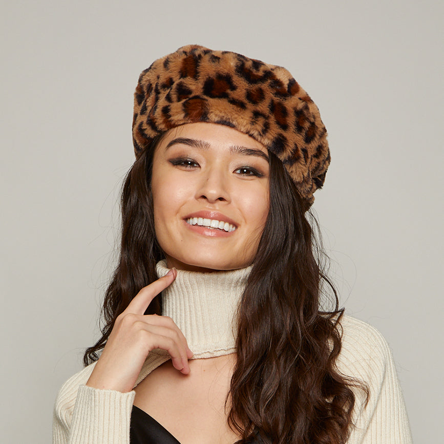 Mishka Leopard Print Faux Fur Beret Hat - Stylish Winter Fashion Accessory for Women, Perfect for Casual Outfits and Cold Weather