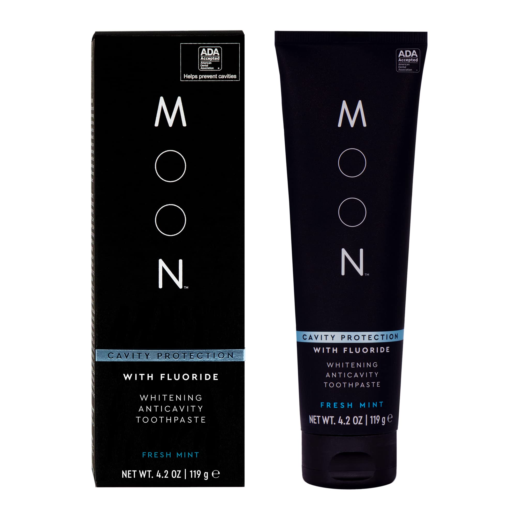 MOON Teeth Whitening Toothpaste with Fluoride & Essential Oils - Anti Cavity Toothpaste for Stain Removal, Plaque Control, Gum Health & Fresh Breath - Mint Flavor (4.2 Oz) | Perfect for Daily Oral Care, Travel & Whitening Routine