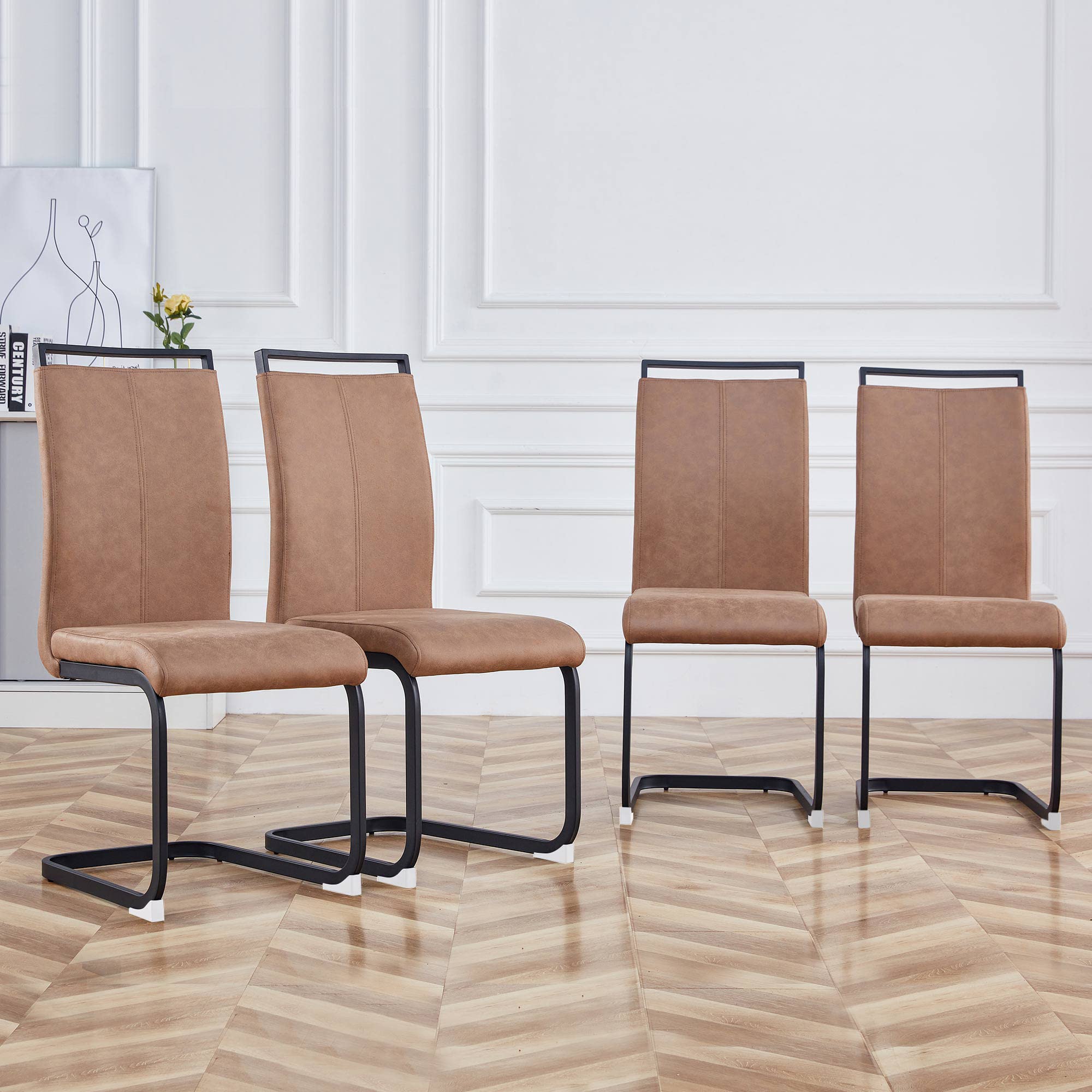 Baysitone Modern Dining Chairs Set of 4 - High Back Kitchen Chairs with Leatherette Padded Seats - Brown Dining Room Chairs for Kitchen, Living Room & Restaurant - Perfect for Family Dinners & Entertaining Guests