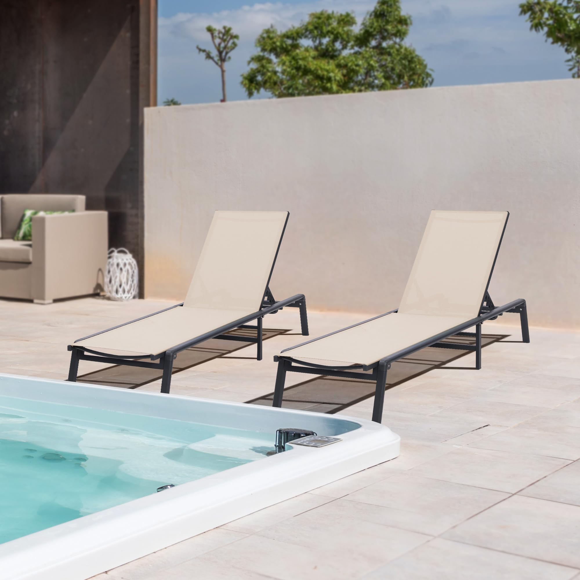 Premium Outdoor Aluminum Chaise Lounge Chairs Set of 2 - 5-Position Adjustable Backrest, No Assembly Required, Lightweight & Foldable for Easy Storage - Perfect for Poolside, Deck, Lawn, Beach & Patio Relaxation (Beige)