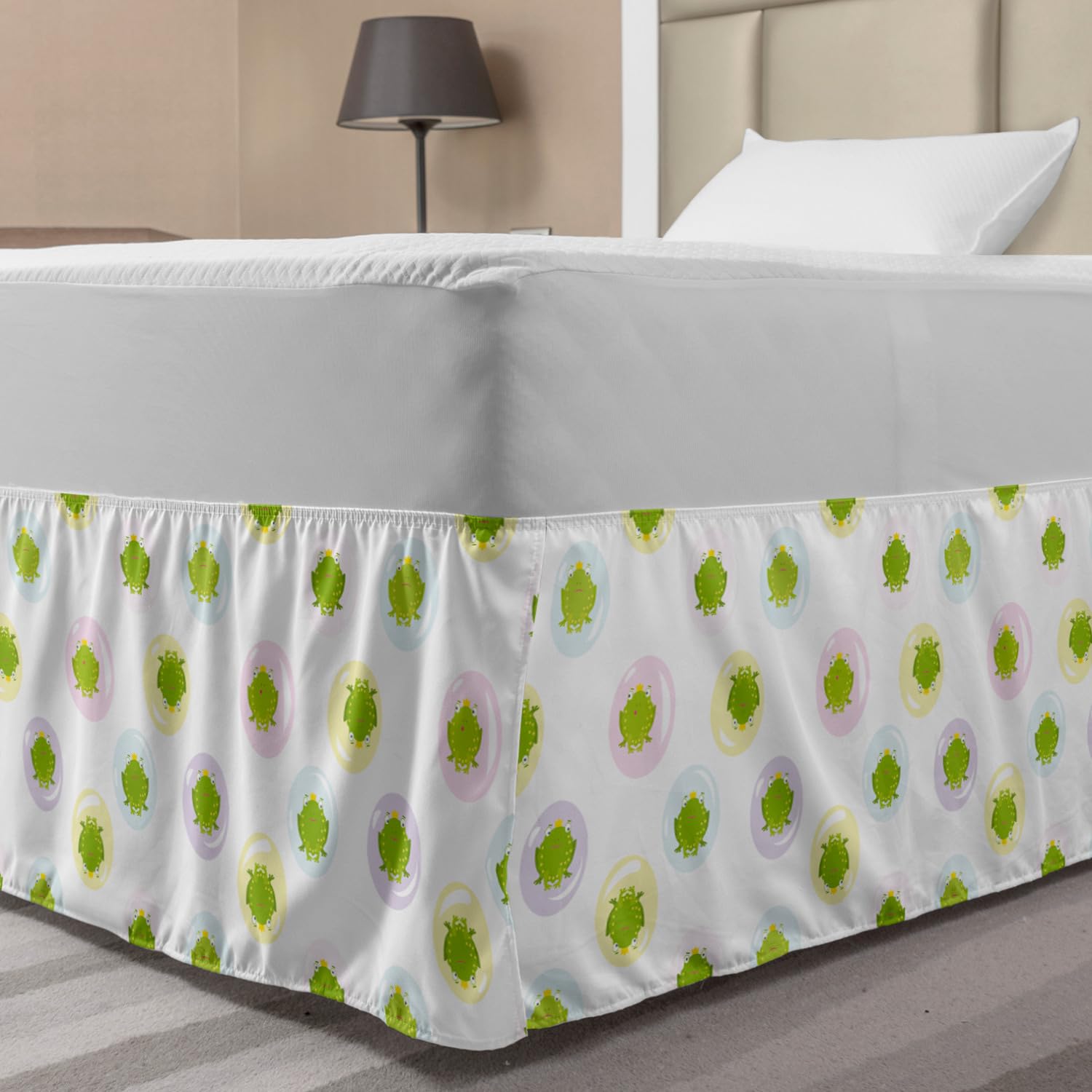 Ambesonne Cartoon Elastic Bed Skirt - Frog Prince in Bubbles Fairy Tale Design, Pastel Yellow Green Wrap Around Dust Ruffle for Twin/Twin XL Beds | Perfect for Kids' Bedrooms, Nursery Decor & Fantasy Themed Rooms