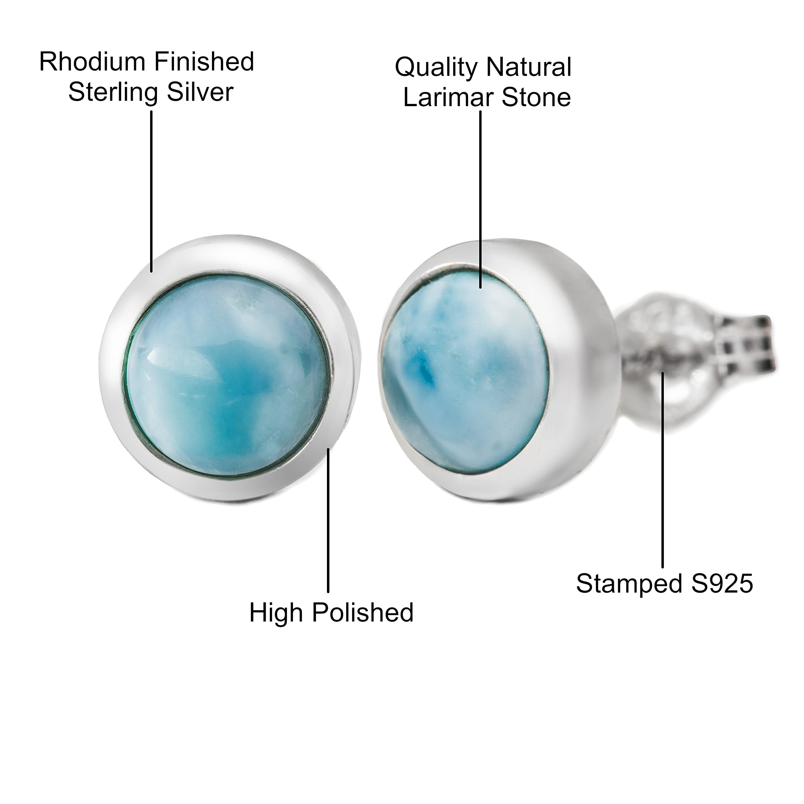 925 Sterling Silver Natural Larimar Stone Round Stud Earrings - Hypoallergenic Nickel-Free Jewelry for Sensitive Skin | Tropical Island Inspired Women's Earrings with Gift Box | Perfect for Beach Vacations, Summer Outfits & Gift Giving
