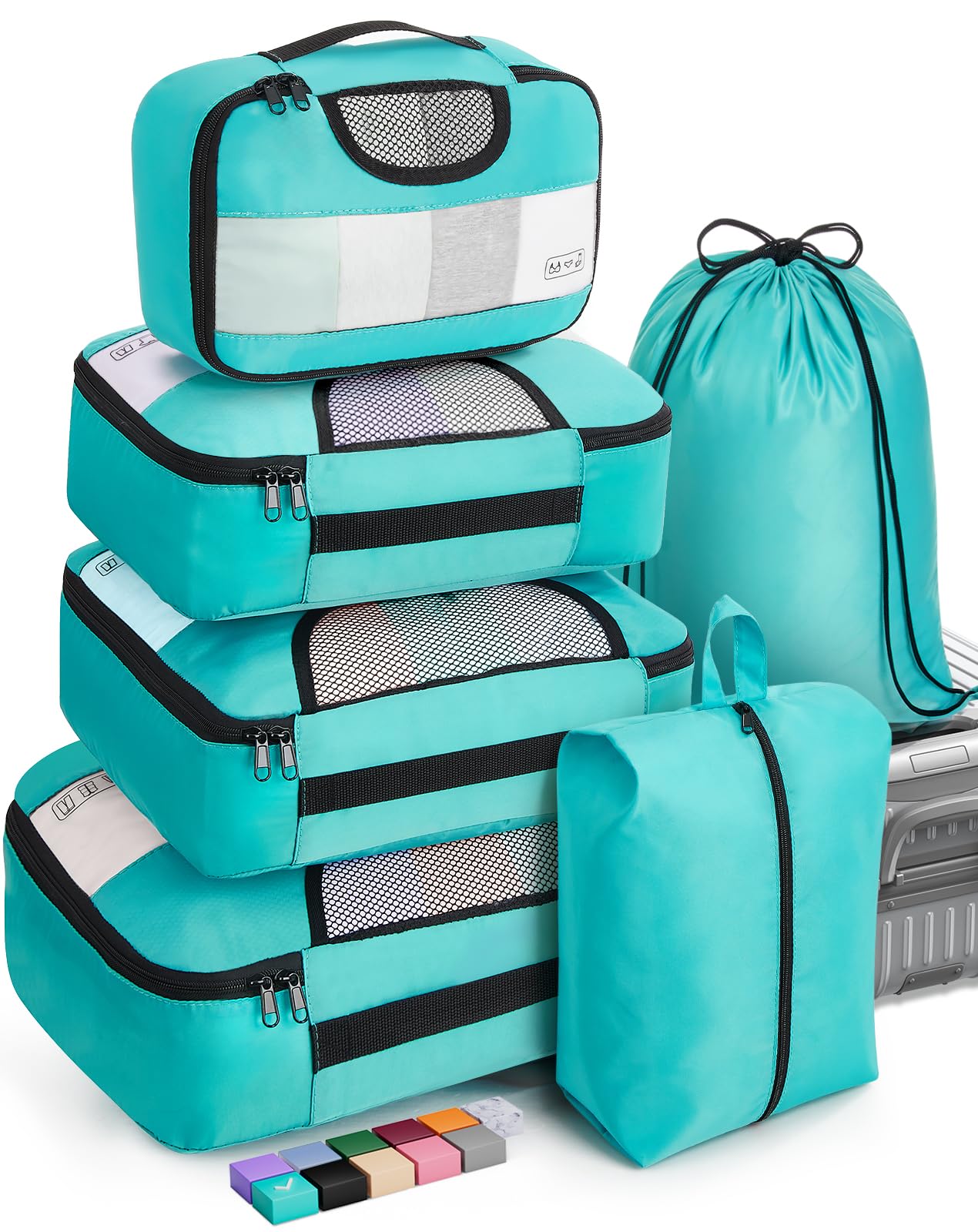 Veken 6-Piece Packing Cubes Set for Suitcases - Travel Organizer Bags with 4 Sizes (XL, L, M, S) - Lightweight Luggage Organizers for Carry-On Bags - Perfect for Business Trips, Vacations & Weekend Getaways - Cyan