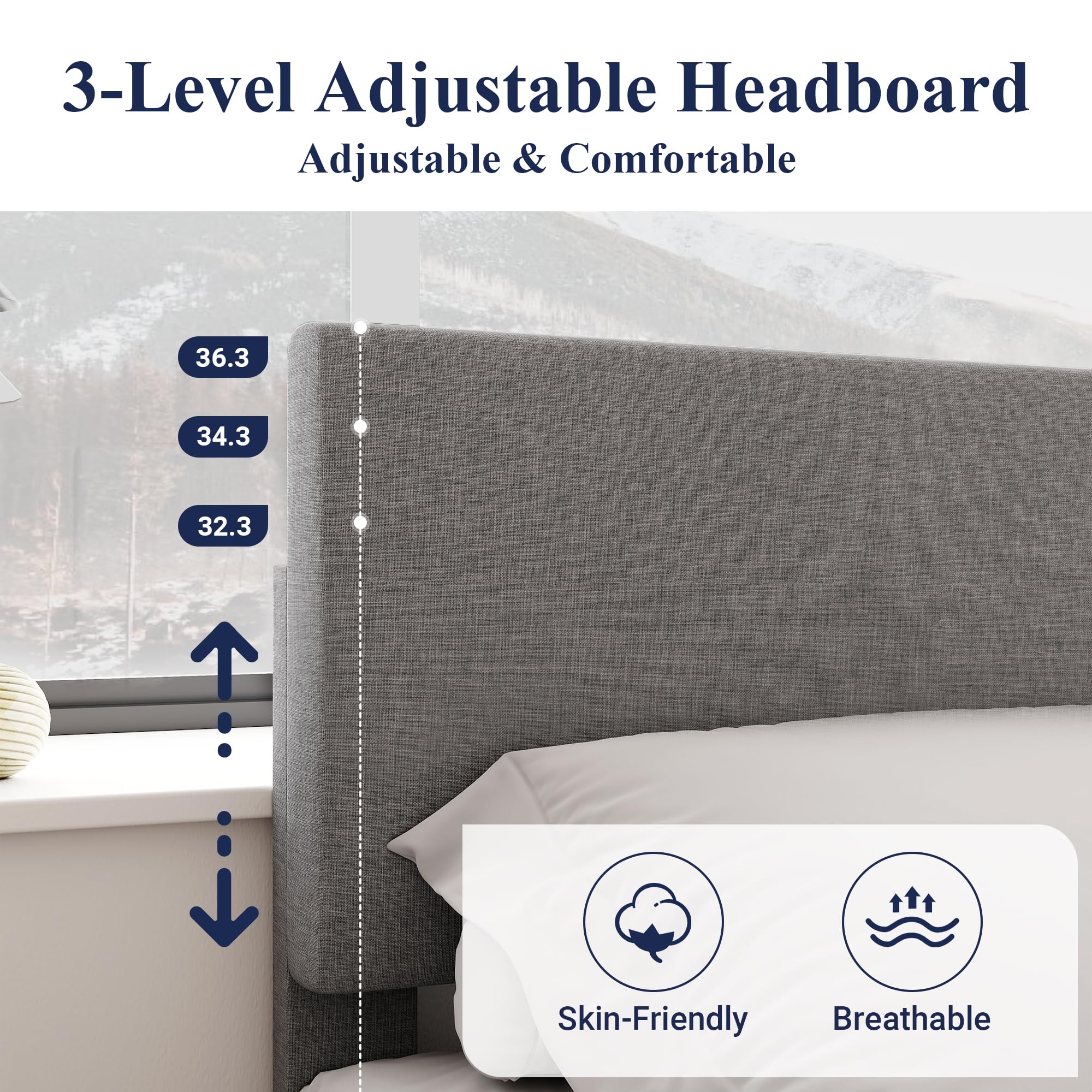 Allewie King Size Platform Bed Frame with Adjustable Upholstered Headboard - Sturdy Wood Slats & Heavy Duty Mattress Foundation - No Box Spring Needed - Quiet & Easy Assembly in Light Grey - Perfect for Master Bedroom, Guest Room or Modern Apartment