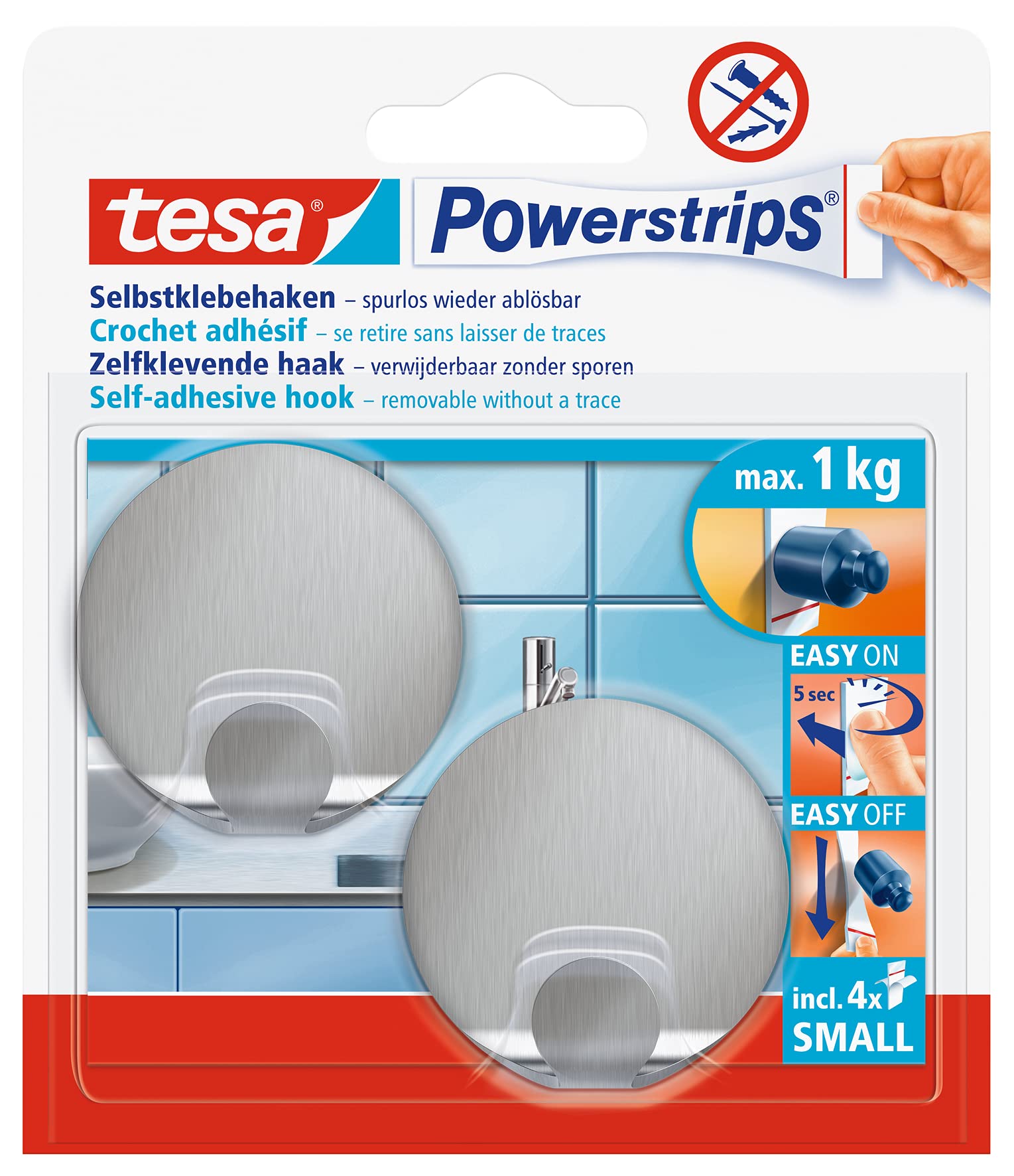 Tesa Powerstrips Heavy Duty Metal Hooks - Round Adhesive Wall Hooks for Hanging Decor, Keys & Organizing - Strong Hold for Home & Office Use