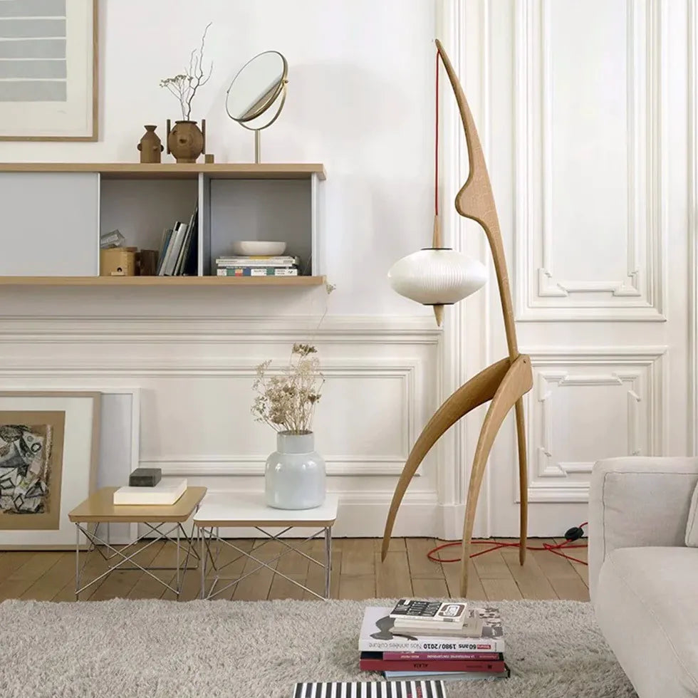 Modern Wooden Hanging Arched Floor Lamp - Adjustable Height, Natural Finish - Perfect for Living Room, Bedroom, or Office Lighting Decor